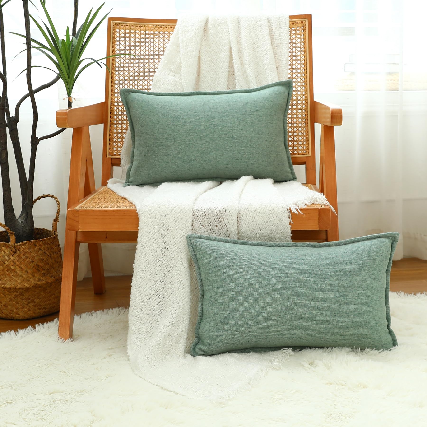 LIGICKY Set of 2 Sage Green Linen Lumbar Cushion Covers 12x20 Inch Decorative Rectangle Throw Pillow Covers for Living Room Couch Bed Sofa Rustic Farmhouse Boho Home Decor - Image 3