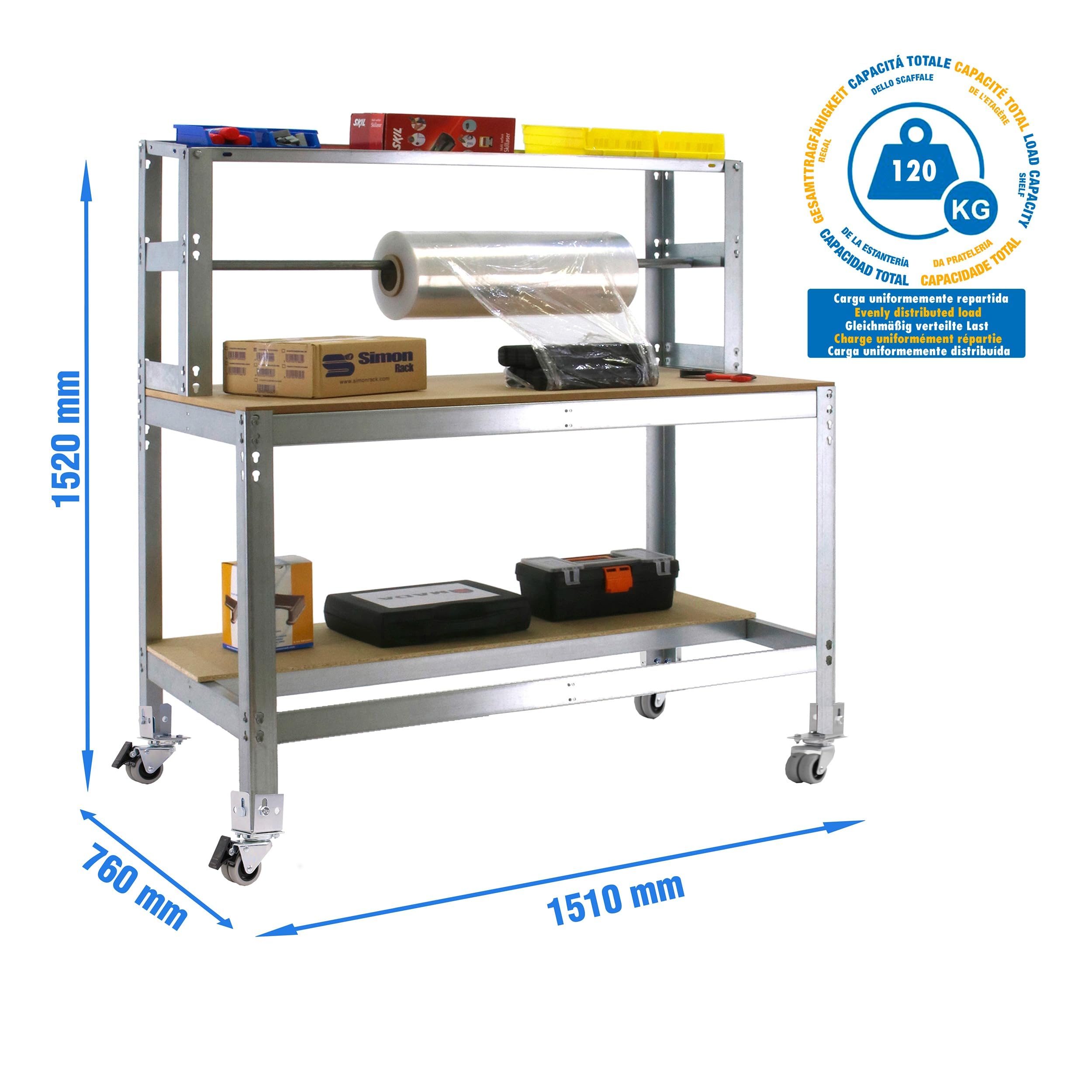 Simon Rack Banco de Trabajo Taller, Capacidad Carga 120 kg, 1520x1510x760 mm, Mesa de Trabajo, Incluye Ruedas, Galva/Madera - BT4
