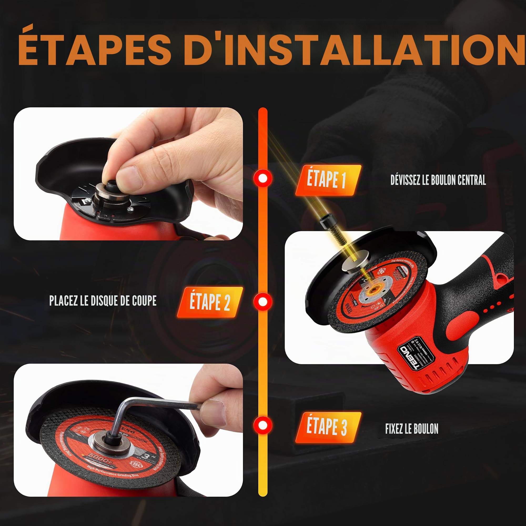 TEENO Meuleuse d'Angle Sans Fil Brushless 16,8V 76mm 19500 tr/min | Moteur 800W, Écran LED, 2 Batteries 2000mAh, 6 Disques & Coffret. Couper, Poncer, Polir métal, bois, carrelage.