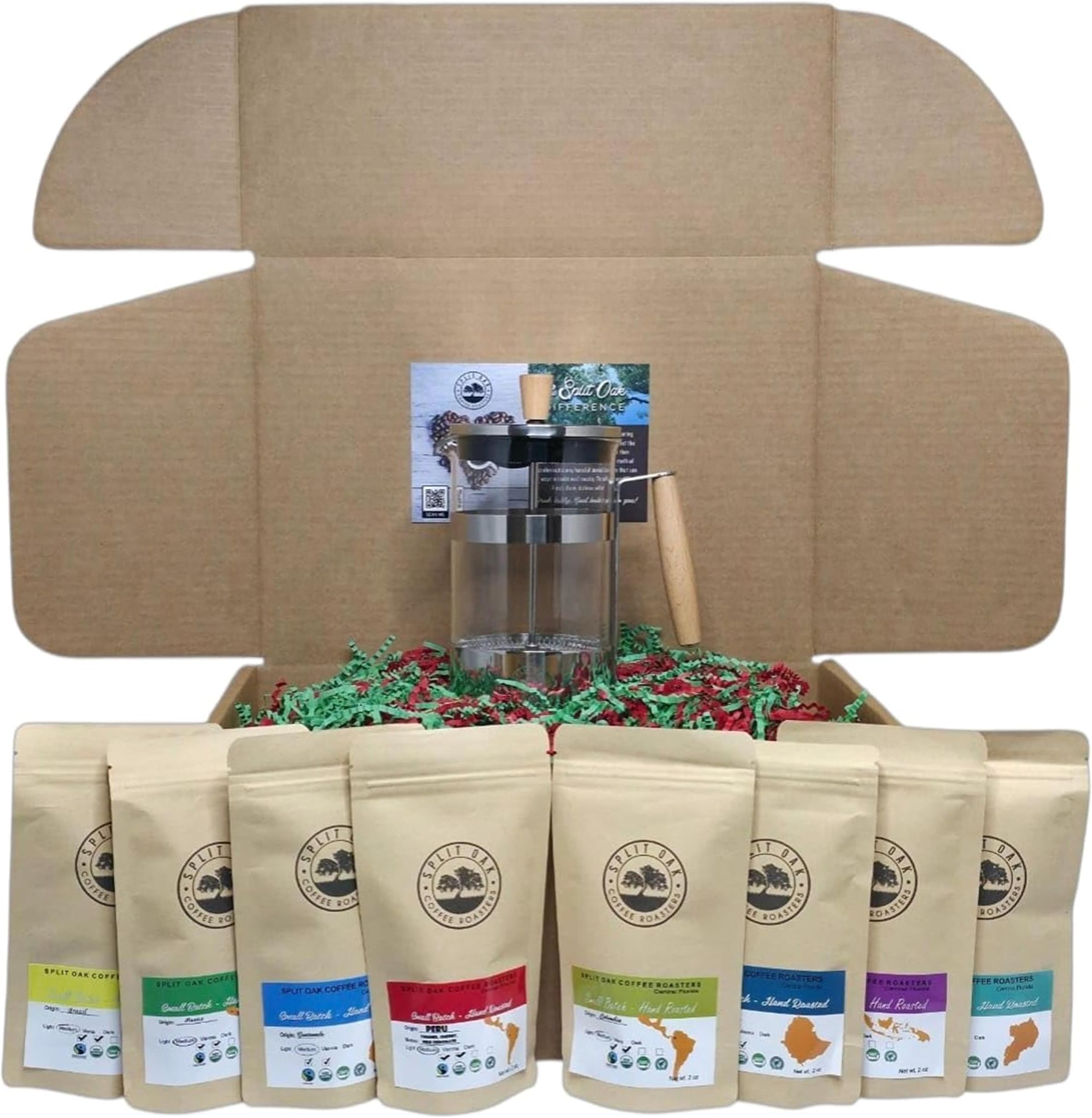 Coffee Gift Box Set 8 Assorted Coffees 2oz plus1 French Press Glass Coffee Maker. Amazing coffees from all over the world.