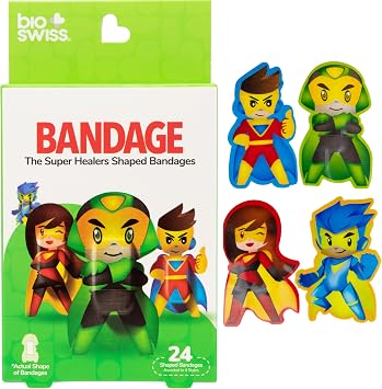 BioSwiss Bandages, Super Healers Superhero Shaped Self Adhesive Bandage Set, Latex Free, Sterile Wound Care, 24 Count