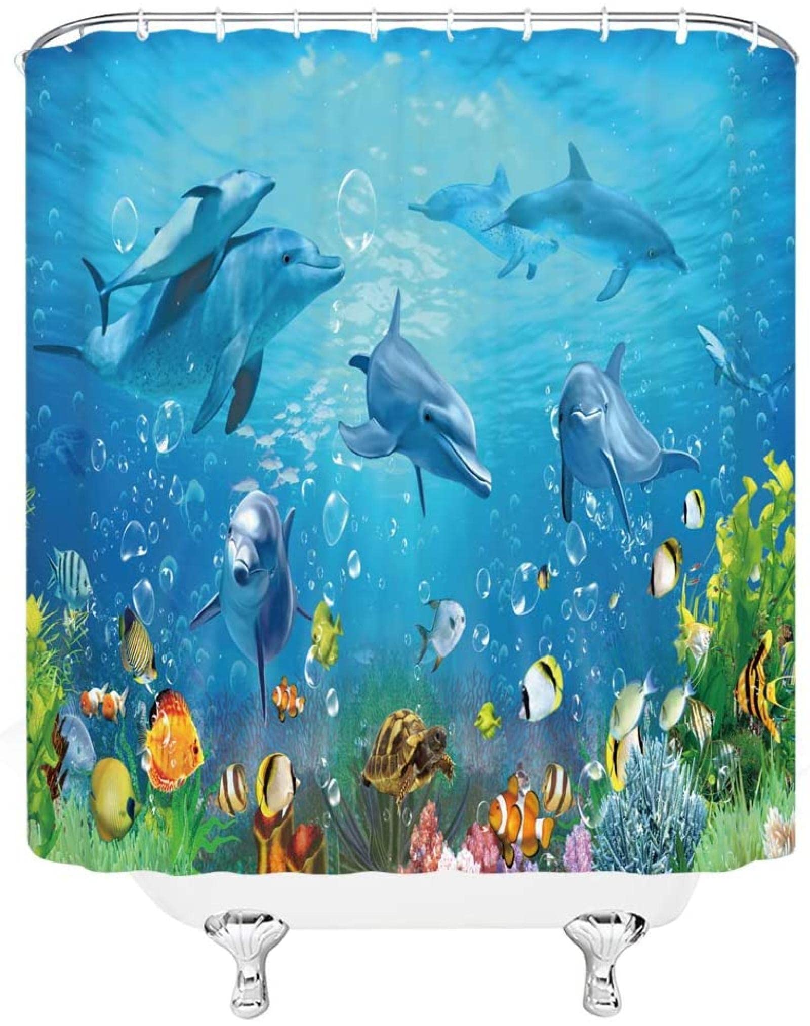 Meereslandschaft Duschvorhänge Unterwasserwelt Delphin Farbe Fisch Schildkröte Meer Tier Themen Badezimmer Stoff Vorhang zum Aufhängen 183x200cm/BxH