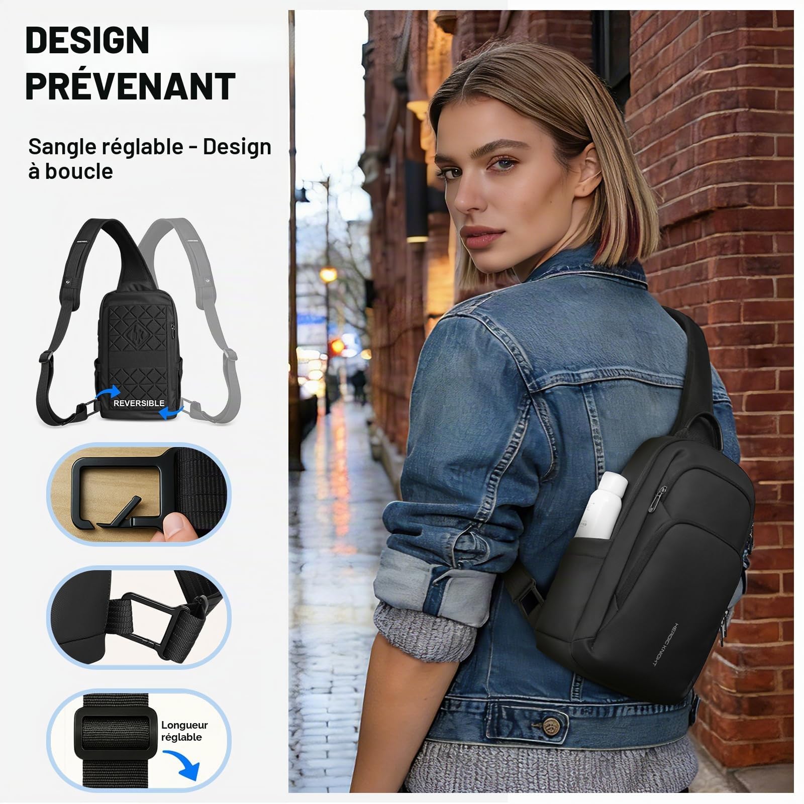 hk Sacoche Homme Bandouliere avec Port de Charge USB Imperméable Sac de Poitrine avec Pochette Latérale Léger Sac à Bandoulière pour iPad 11,3" Antivol pour Voyage Travail Loisirs