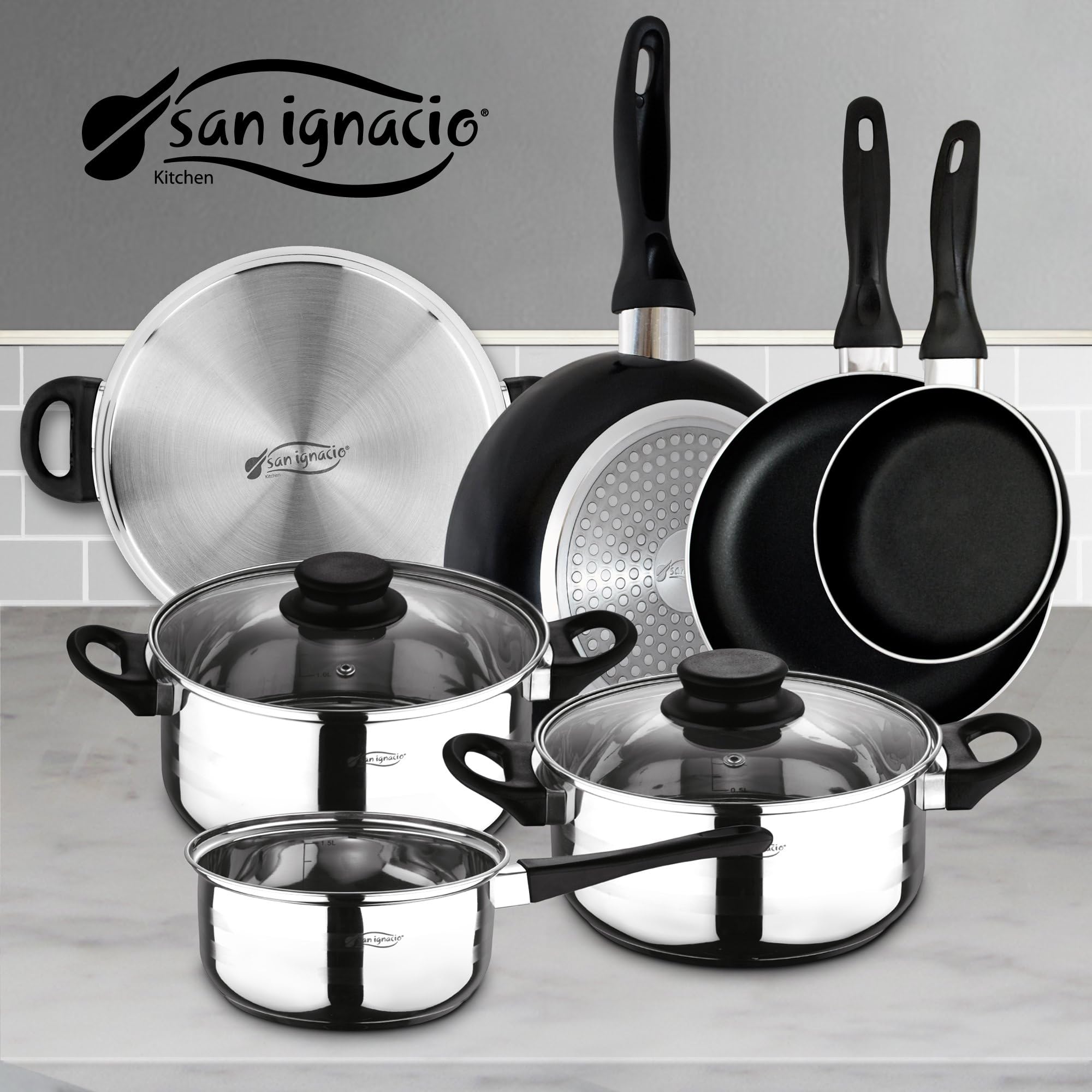 San Ignacio - Batteria da cucina 3 pezzi (1,6L, 2,3L, 3,3L) in acciaio inossidabile e Set di 3 padelle (16-20-24 cm) in alluminio pressato antiaderente, adatto a induzione