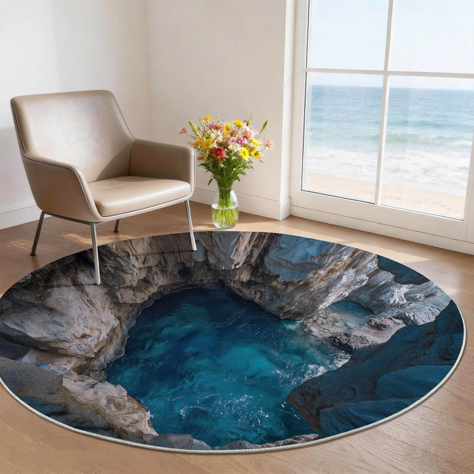 Alfombra lavable redonda paisaje rocas mar 90 cm alfombras dormitorio resistente a la suciedad