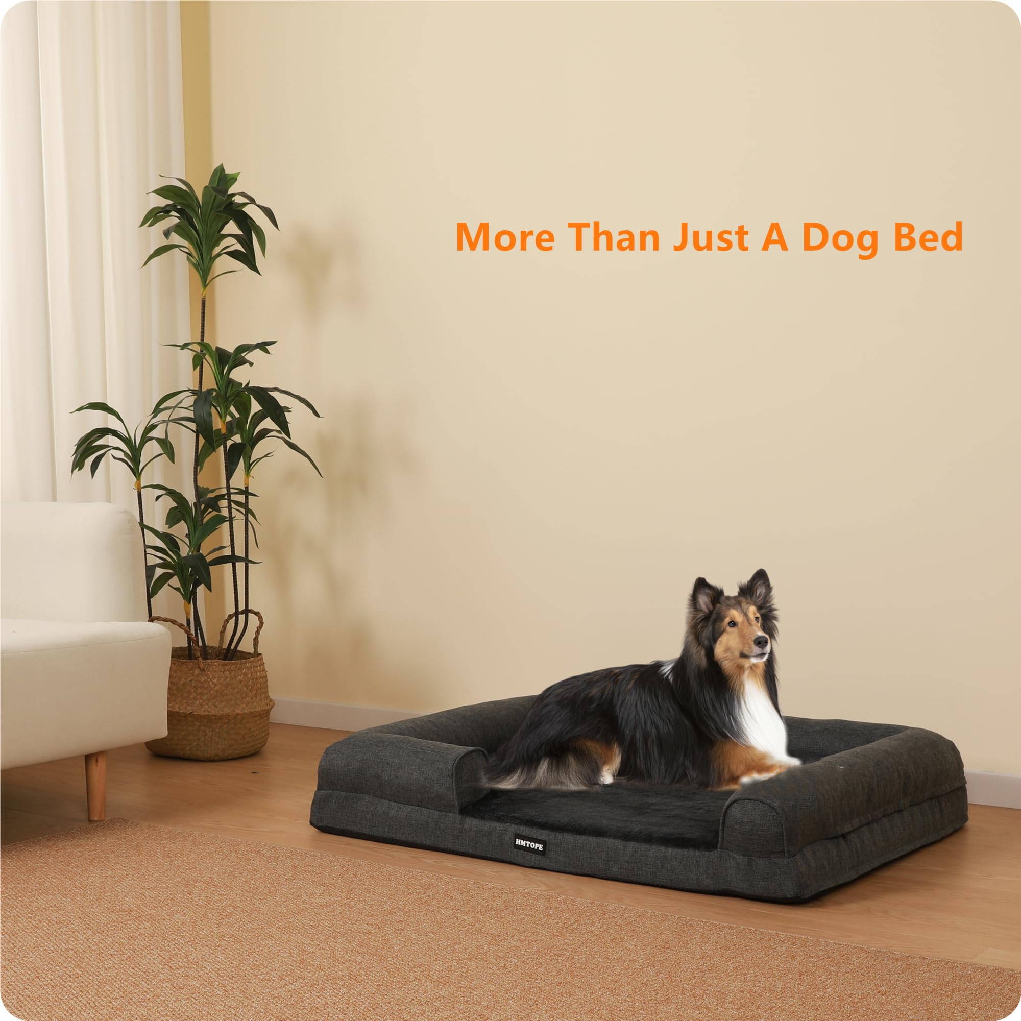 HMTOPE Orthopädisches Hundebett, Hundesofa, hohen Rand, Hundekissen, Hundekorb, Abnehmbar und waschbar, Grosse Hunde & MittelgroßeHunde, Schwarzgrau, 106cm