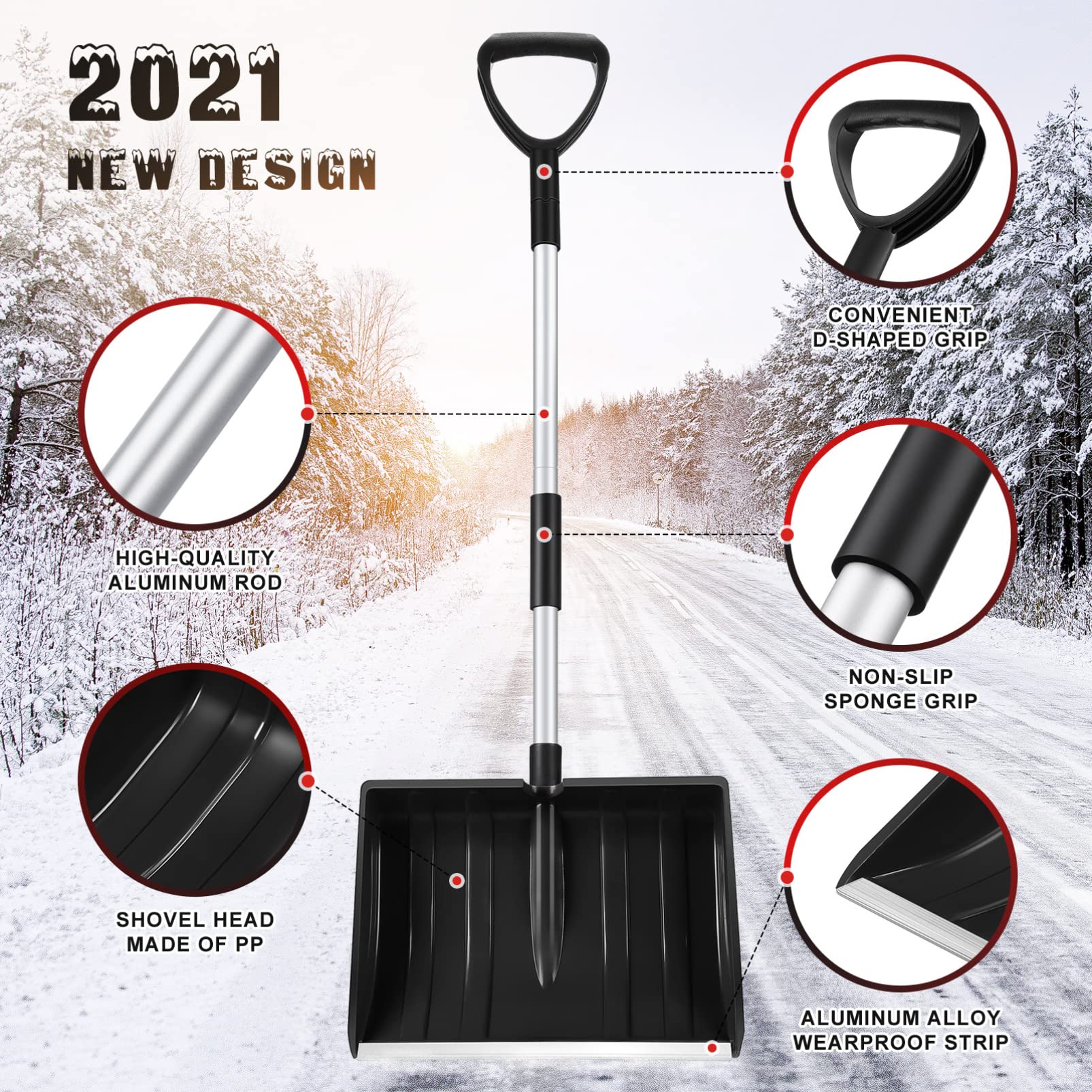 BESPORTBLE Ergonomischer Schneeschieber mit D-Griff aus Aluminiumlegierung rutschfest und Stabil für Garten und Hof Große Kapazität zur Schneeräumung