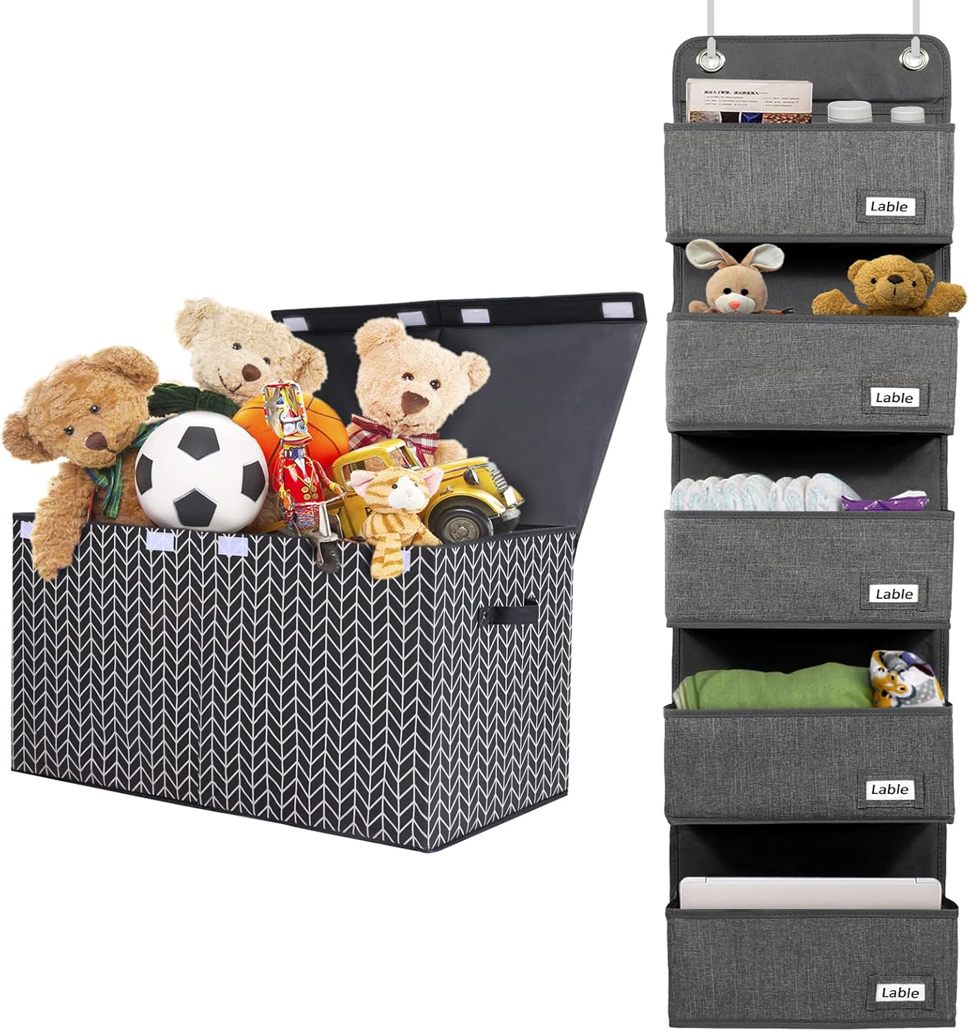 Extra-Large 30 Inch Toy Box Chest Storage with Divider, Over Door Hanging Organizer with 5 Large Pockets : Home & Kitchen