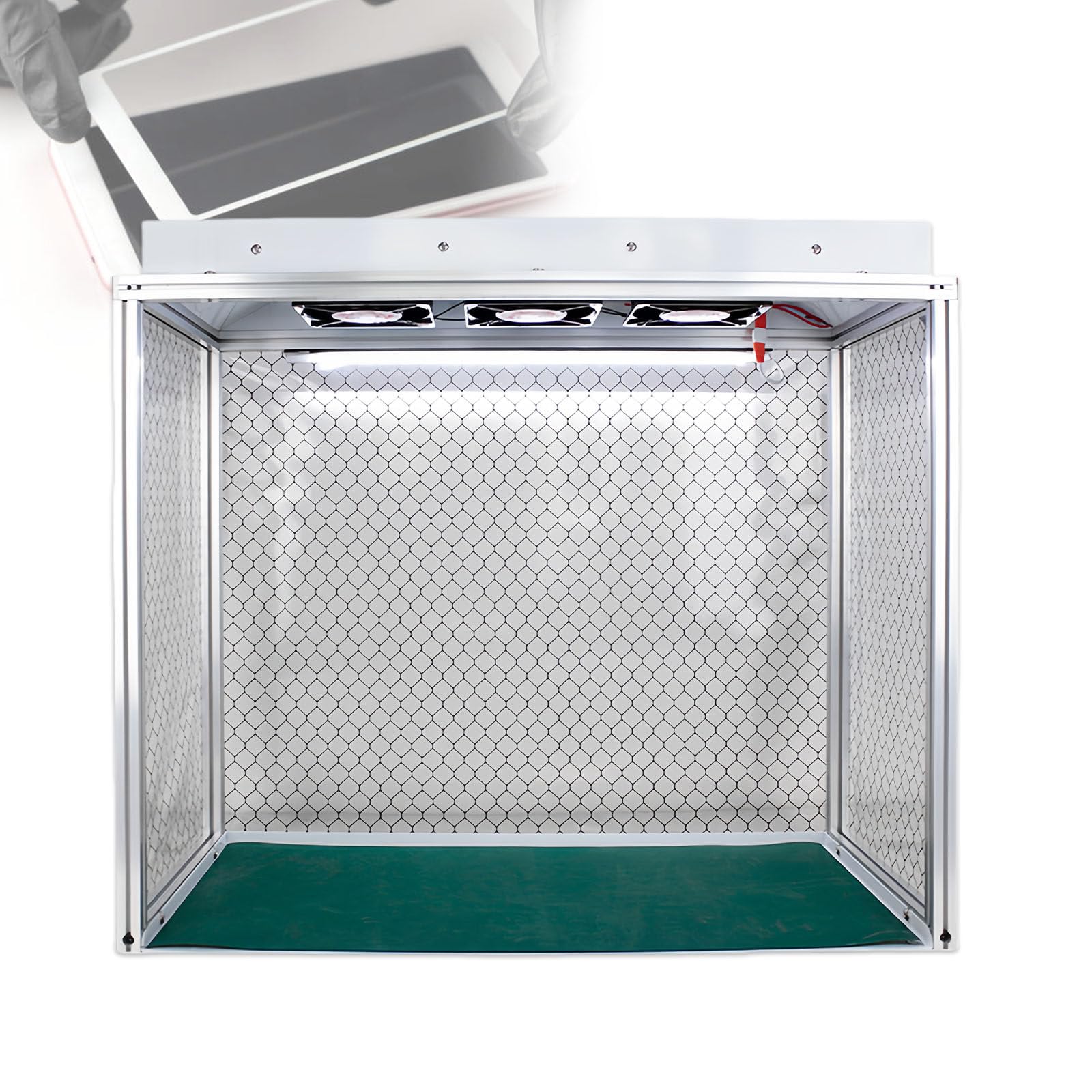 Tragbare Laminar-Flow-Haube mit antistatischem Vorhang für Handy-Bildschirm-Reparatur, 62 x 31 cm Arbeitsbereich, 3 Lüfter und LED-Licht, leichter Aluminiumrahmen, 220 V
