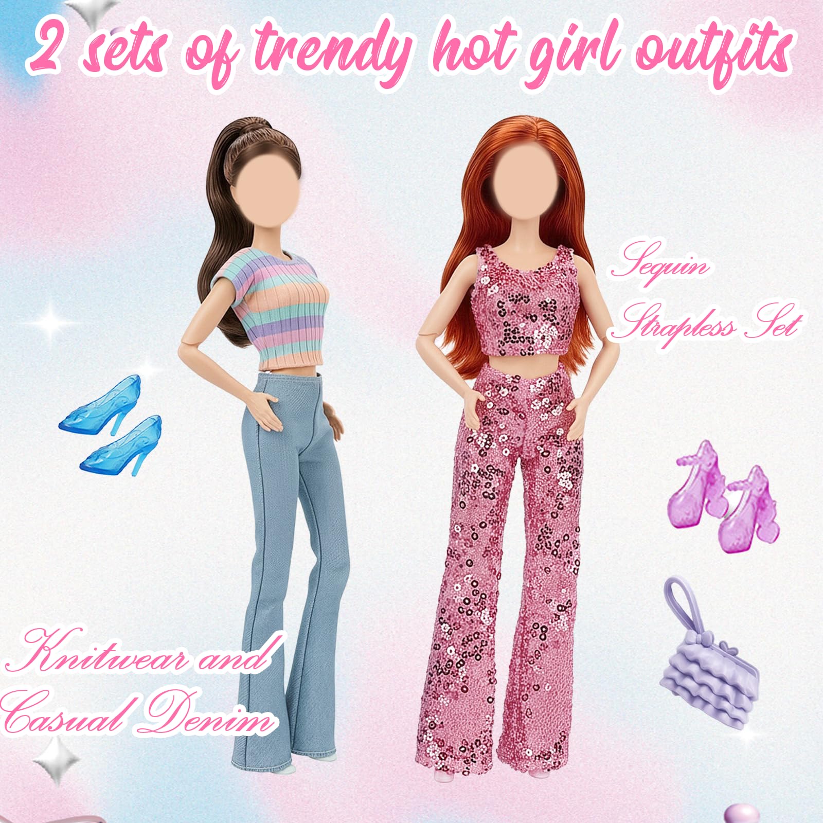 18 vestiti per bambola da 29,2 cm, compatibili con Barbie 1 vestito floreale, 1 gonna a sirena con paillettes, 1 gonna a sirena monospalla, 4 set di abiti top e pantaloni, 2 borse, 5 scarpe, regali