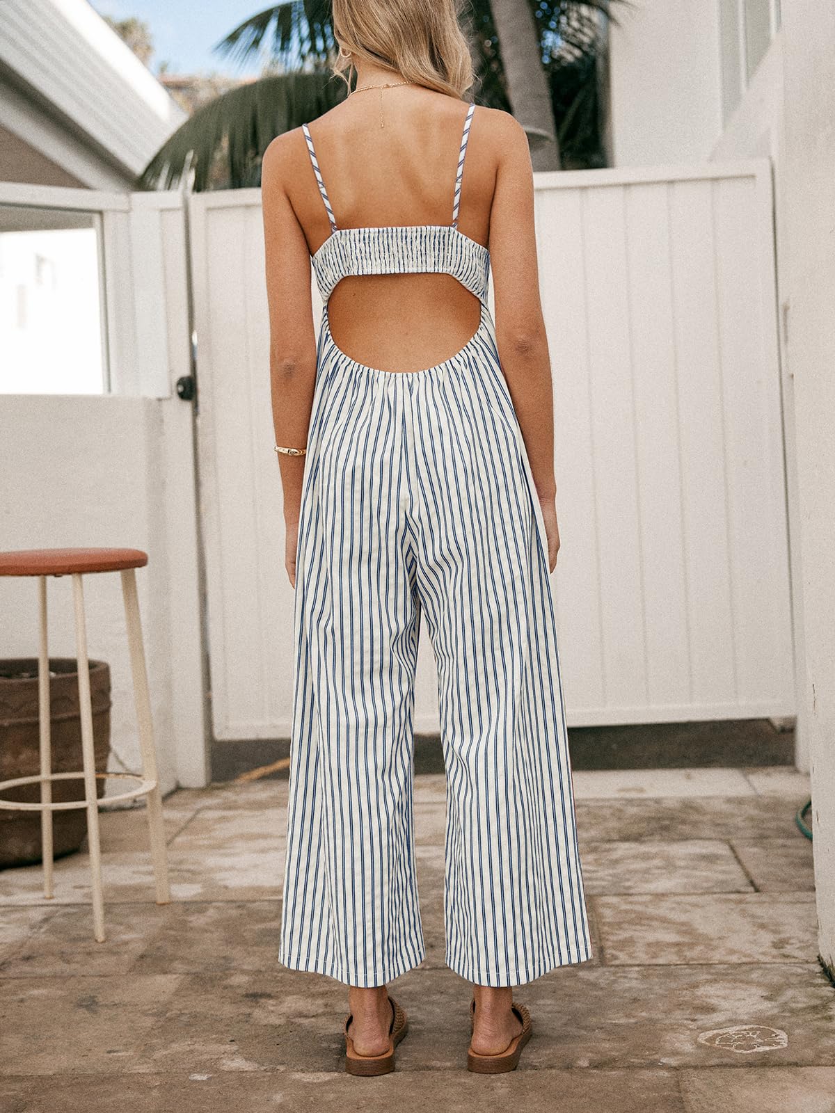 CUPSHE Damen Jumpsuit Gestreift Ärmellos Overall Gesmokt Cutout Strampler Weites Bein Lang Playsuit Sommer Lose Hosenanzug