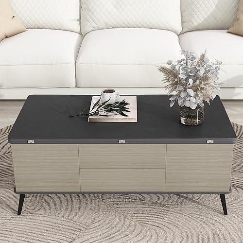 Miniatura 65 de Mesa de centro moderna con 2 cajones de almacenamiento y estantes de exhibición, mesa de cóctel rectangular con luces LED de 16 colores, ideal para