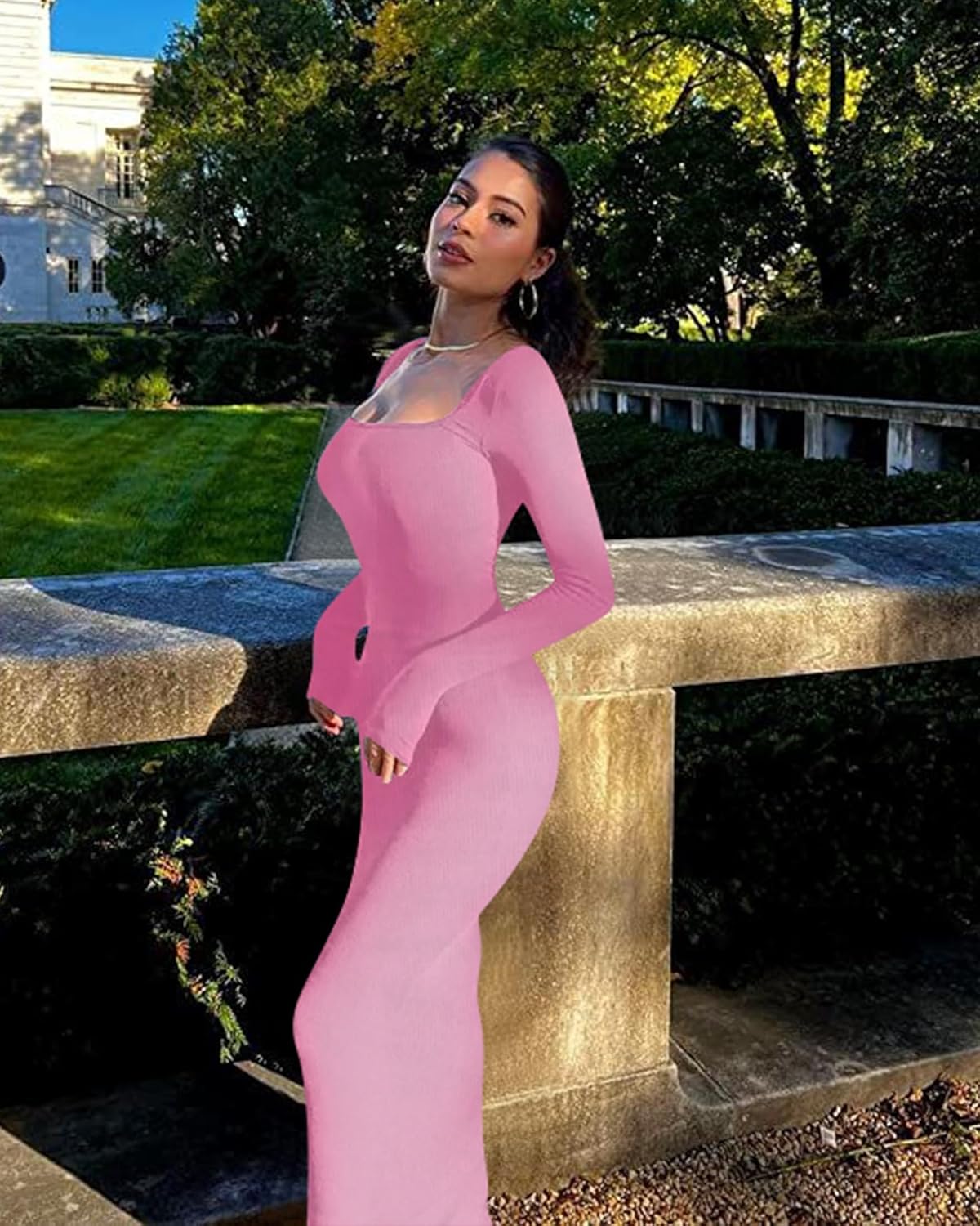 Doweha Women's Square Neck Long Sleeve Maxi Dress Sexy Knit Bodycon Long Dress for Women