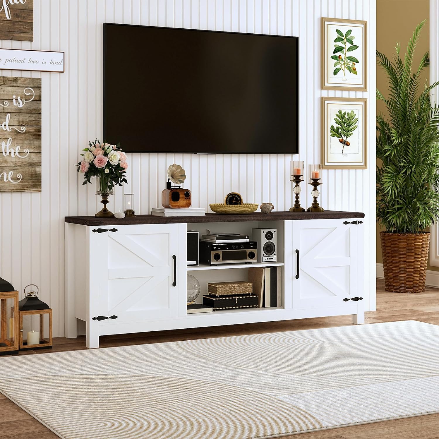 EROMMY Farmhouse 66" TV Stand, TV Console with Adjustable Shelves & Storage Cabinets for 75 Inch TV, Modern TV Stand for Living Room, Entertainment Center