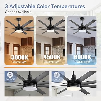 65 Inch Ceiling Fans with Lights and Remote, Industrial Black Indoor/Outdoor Ceiling Fan with 6-Speed Reversible DC Motor, 3CCT, 2 Downrods, 8 Blades Large Ceiling Fan for Living Room Bedroom Patio