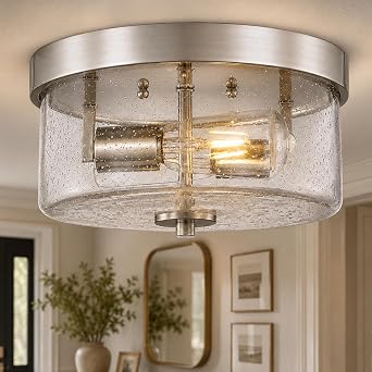 Emak 2-Light Brushed Nickel Ceiling Light Fixture, 11 Inch Flush Mount Light Fixture with Seeded Glass Shade for Bedroom, Living Room, Kitchen, Hallway, Bathroom, FM082-BN