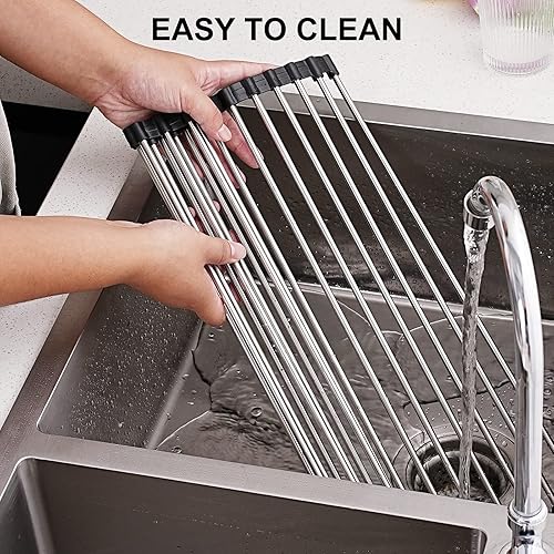 Miniatura 5 de NileHome Escurridor de platos enrollable, estante de secado de fregadero sobre el fregadero, estante de secado de platos plegable de acero