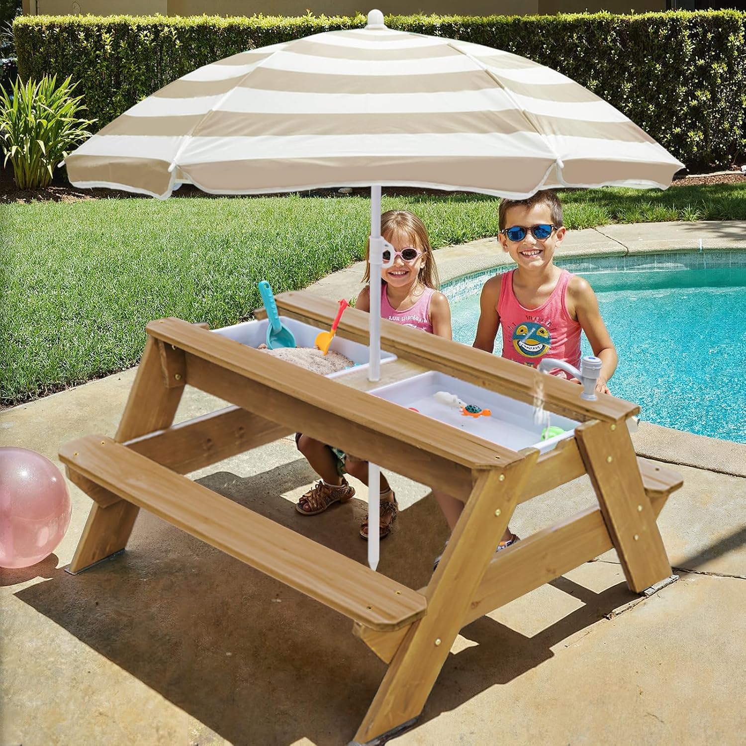 Kids 3-in-1 Sand & Water Table, Wood Outdoor Convertible Picnic Table w/Umbrella, 2 Trays, Removable Top with Faucet, Picnic Table for Outdoor Playset (Natural/Brown)