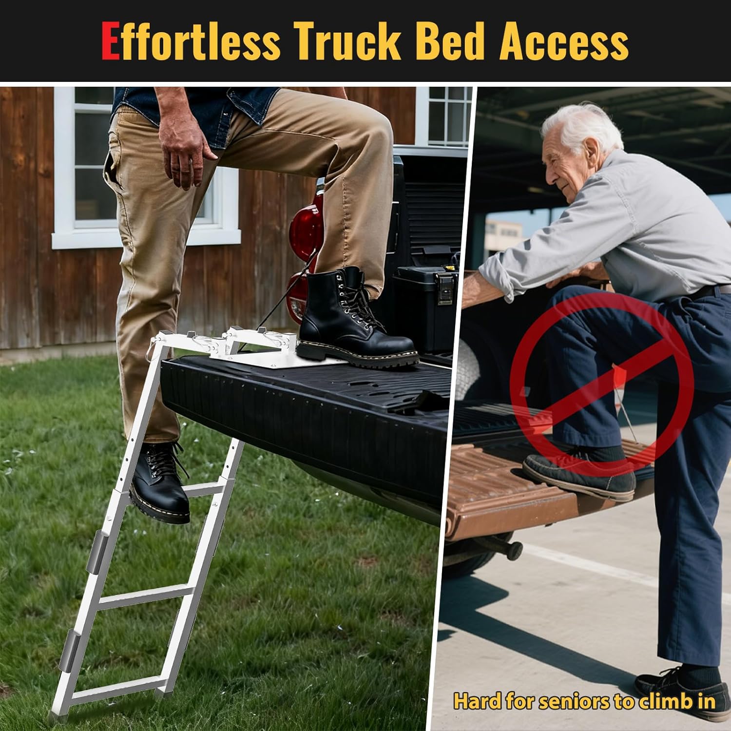 Tailgate Ladder for Pickup Trucks Bed Universal Fit - Rust-Proof Stainless Steel Truck Step Adjustable to 42", Non-Slip Aluminium Steps & Replaceable Rubber Feet, Driving Safety Straps & Bump Pads