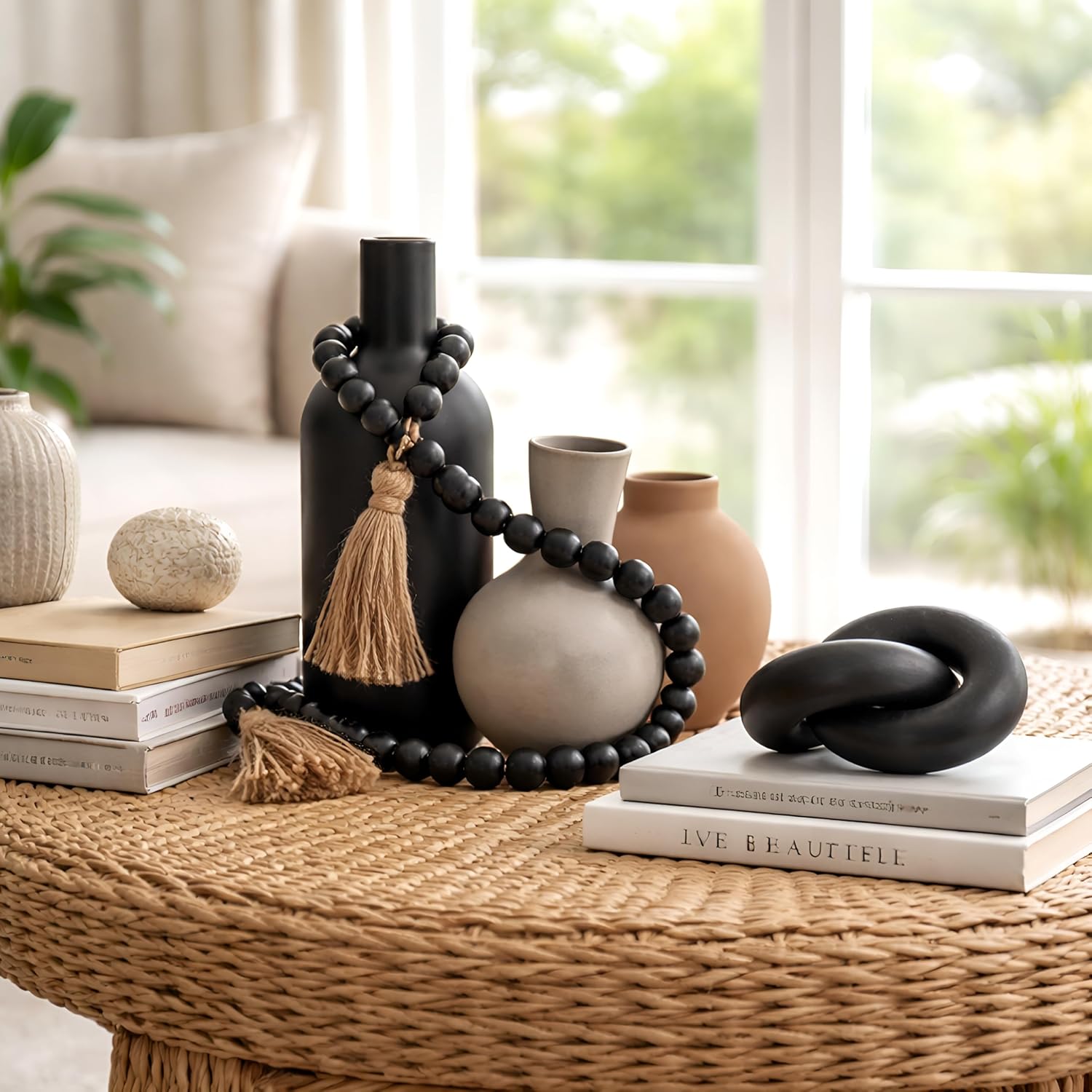 5 Pcs Farmhouse Home Decor Set with Ceramic Vase and Link Wood Knot Decor Coffee Table Decoration Boho Rustic Pottery Vases for Home Living Room Bedroom Bouquet