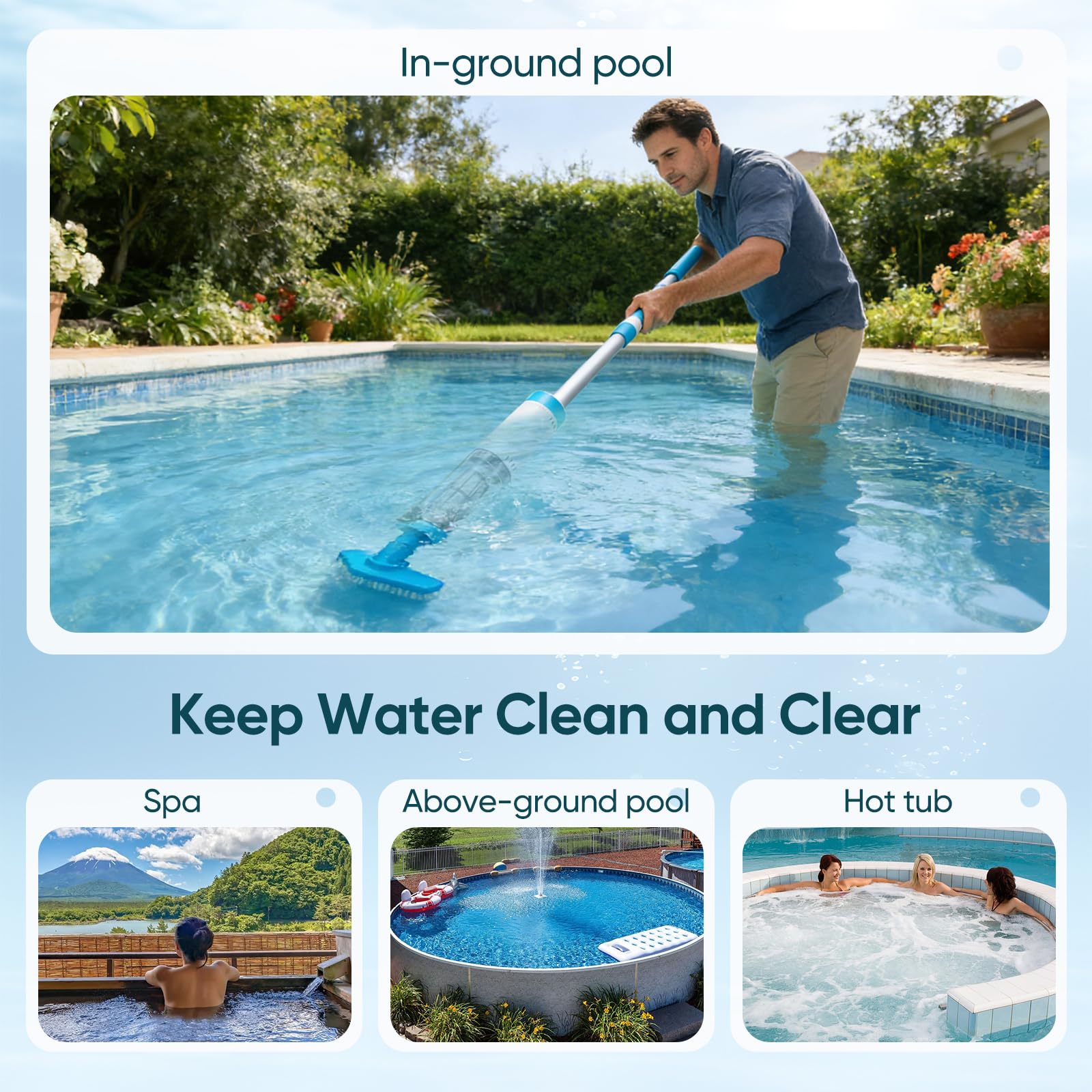 Aspirateur Piscine, 3 en 1 Aspirateur Spa Rechargeable avec Aspiration Puissante, Manche Télescopique de 103.5 à 162.5 cm, Capteur Automatique, 3 Têtes de Brosse pour Spas, Jacuzzis et Piscines