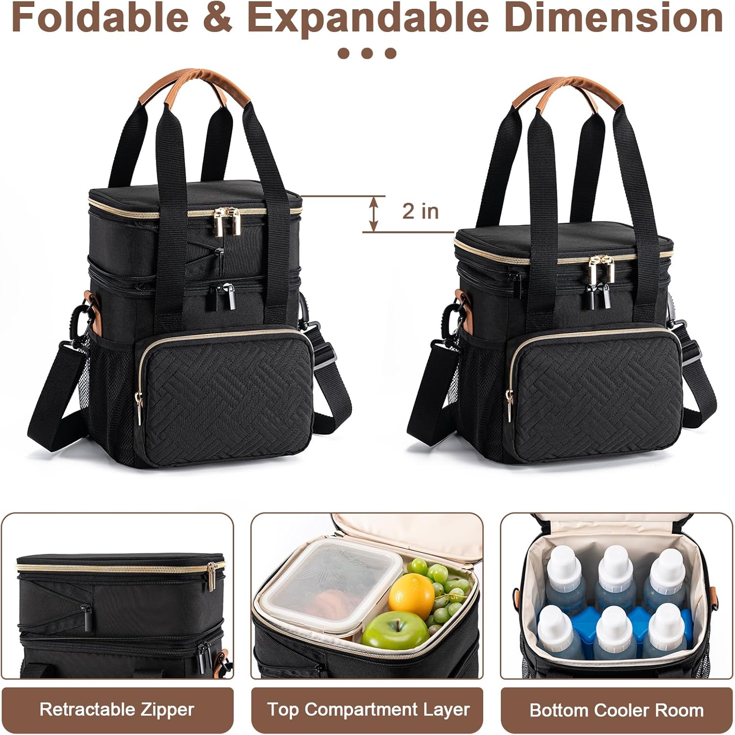 Breastmilk Cooler Bag with Ice Pack Fits 6 Baby Bottles Up to 9 Ounce, Expandable Double-layer Leak-Proof Cooler Bag with Shoulder Strap for Nursing & Working Mom, Black - Image 2