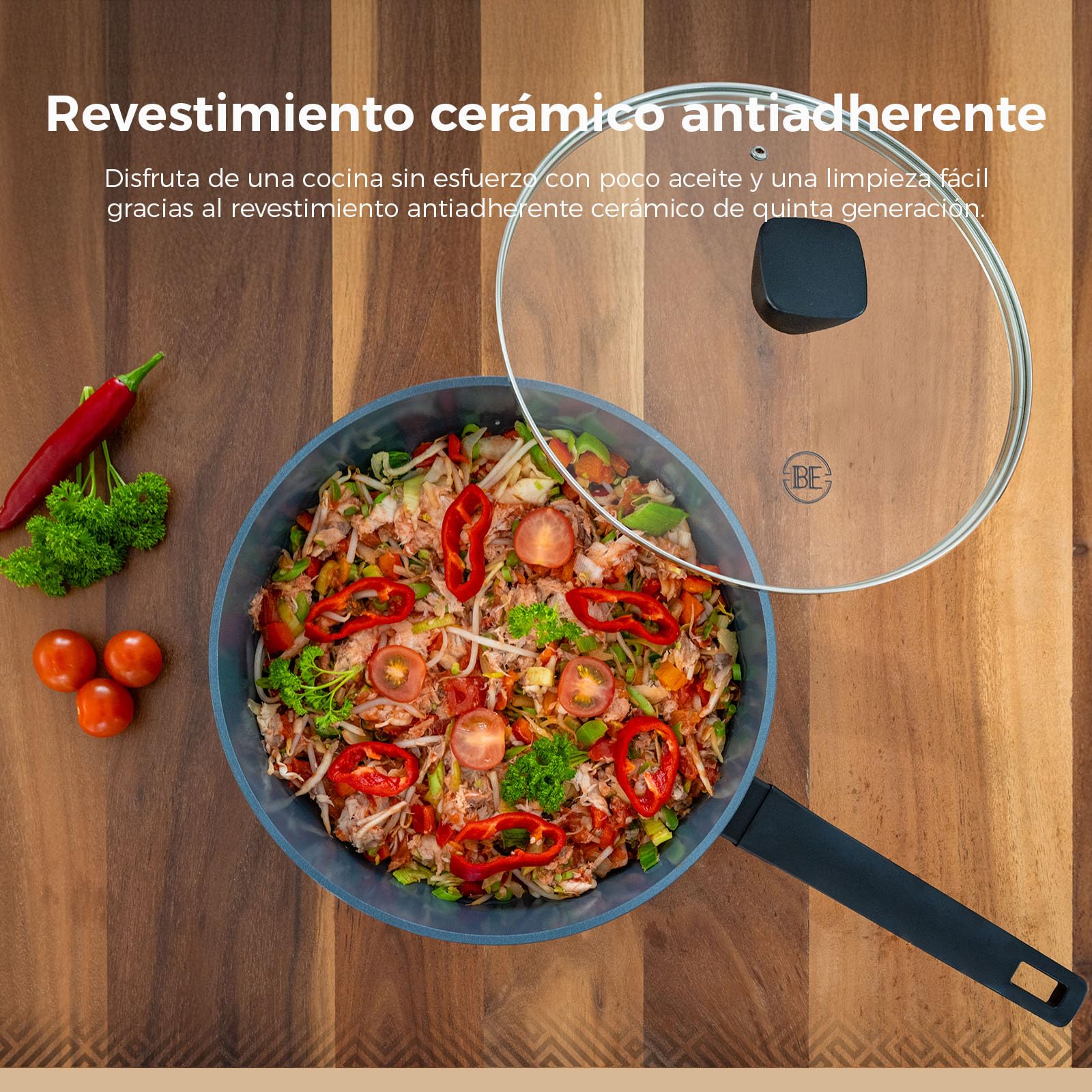 Be Living Sartén con tapa – Ø 28 cm – Sartén honda – Cerámica – Inducción – Sin PFAS – Antiadherente – Serie Delight