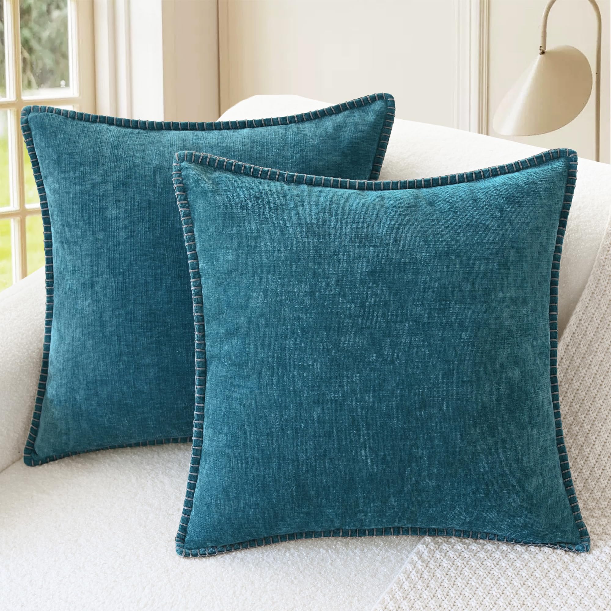 CaliTime Throw Pillow Cases Pack of 2 Cotton Thread Stitching Edges Solid Dyed Soft Chenille Cushion Covers for Couch Sofa Home Farmhouse Decoration 60cm x 60cm Ocean Blue โ image 1