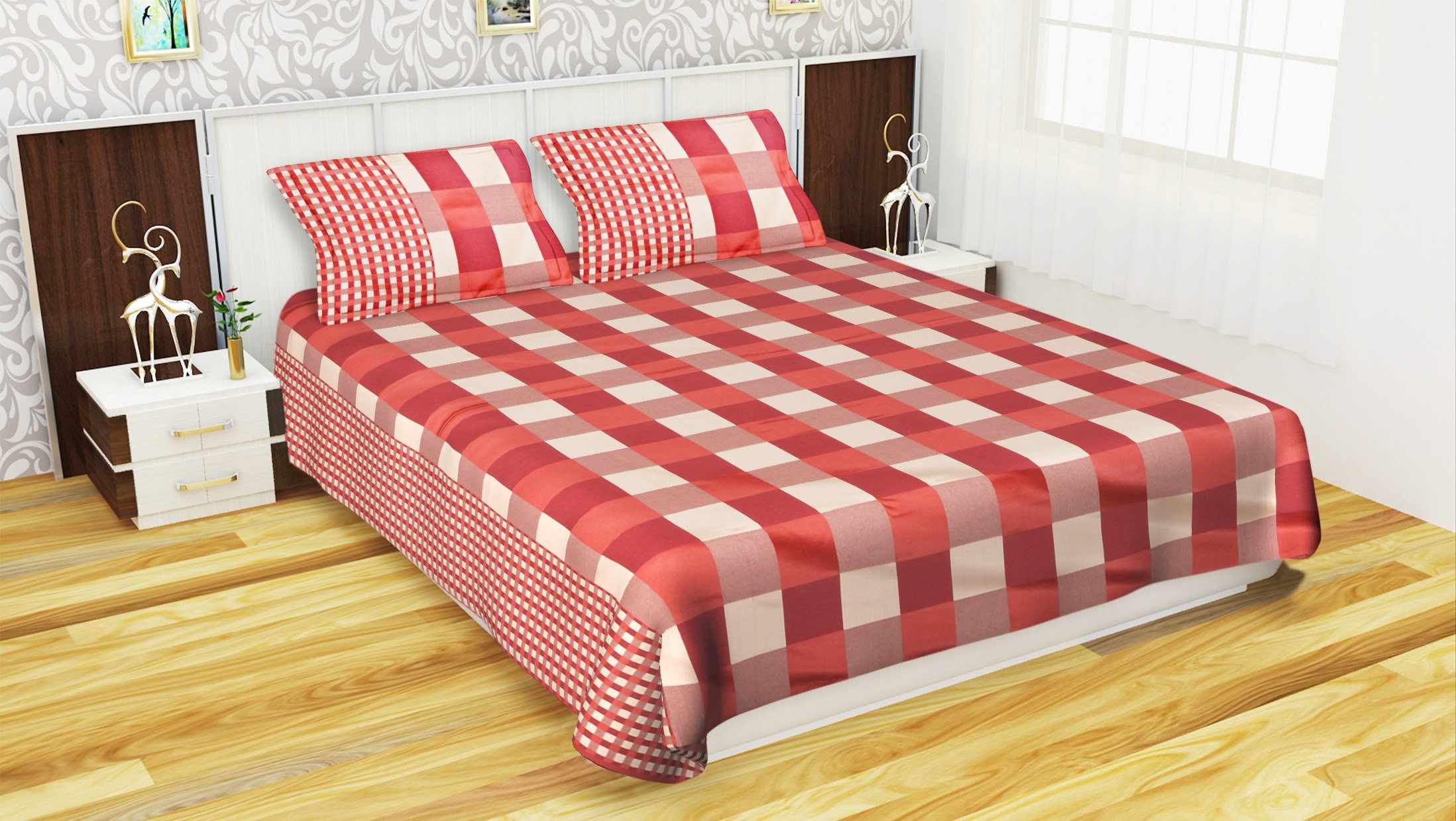 Perfect Deal Cotton Double Bedsheet with 2 Pillow Covers - Checkered; Maroon, Beige