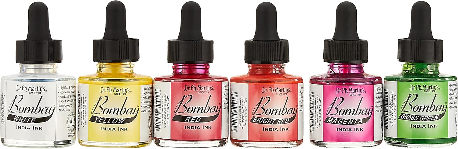 Dr. Ph. Martin's Bombay India Ink (Set 1) Ink Set, 1.0 oz, Set 1 Colors, 1 Set of 12 Bottles