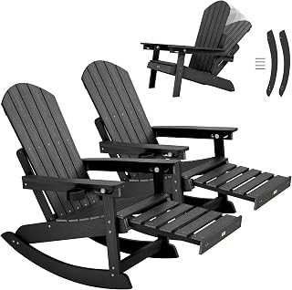 YEFU Adirondack Rocking Chairs Set of 2, with Footrest, All-Weather, Black | 5- Level Adjustable Backrest, Retractable Ottoman & Cup Holder, Like Real Wood, for Outdoor/Patio/Porch, Heavy Duty, 400 lbs