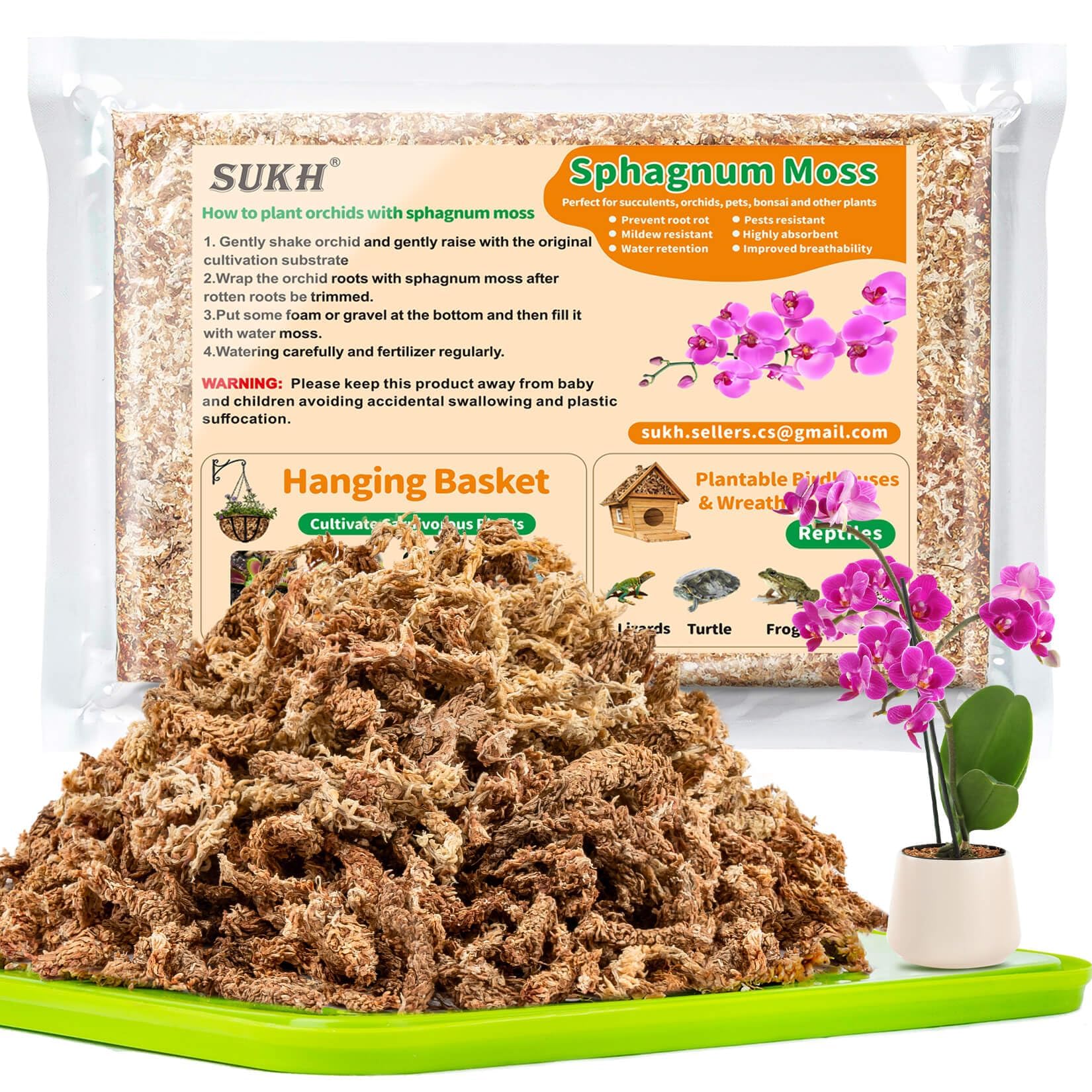 Sukh 15oz Sphagnum Moss for Plants - Sphagnum Peat Moss Natural Premium Long Fibered Chile Dried Moss Potting Mix for Orchids Succulent Carnivorous Potted Plant Reptiles Medium