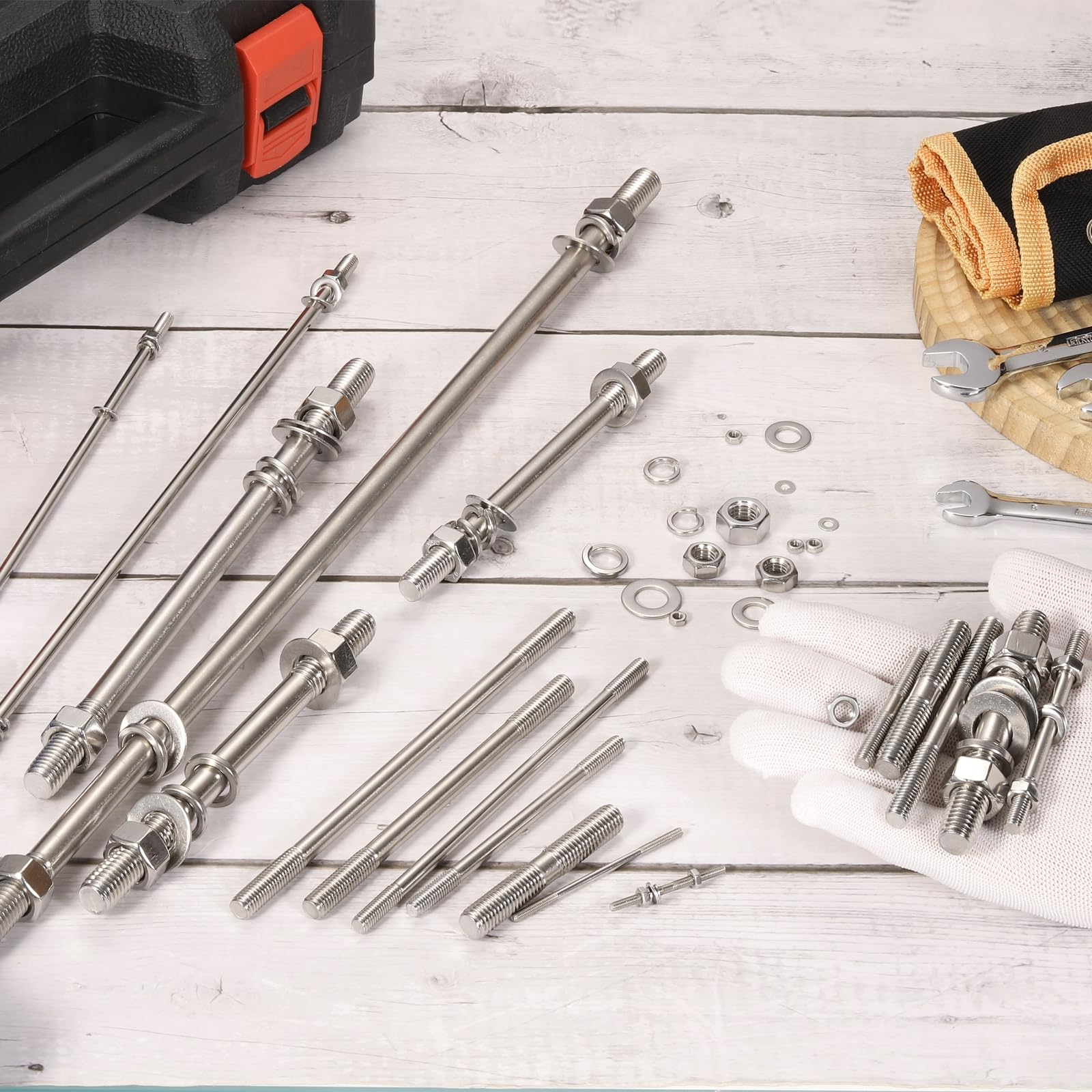 sourcing map Juego de 4 tornillos M8 x 110 mm de doble extremo, acero inoxidable 304 con arandela de tuerca para mantenimiento de la casa, tornillo de fijación de anclaje estructural