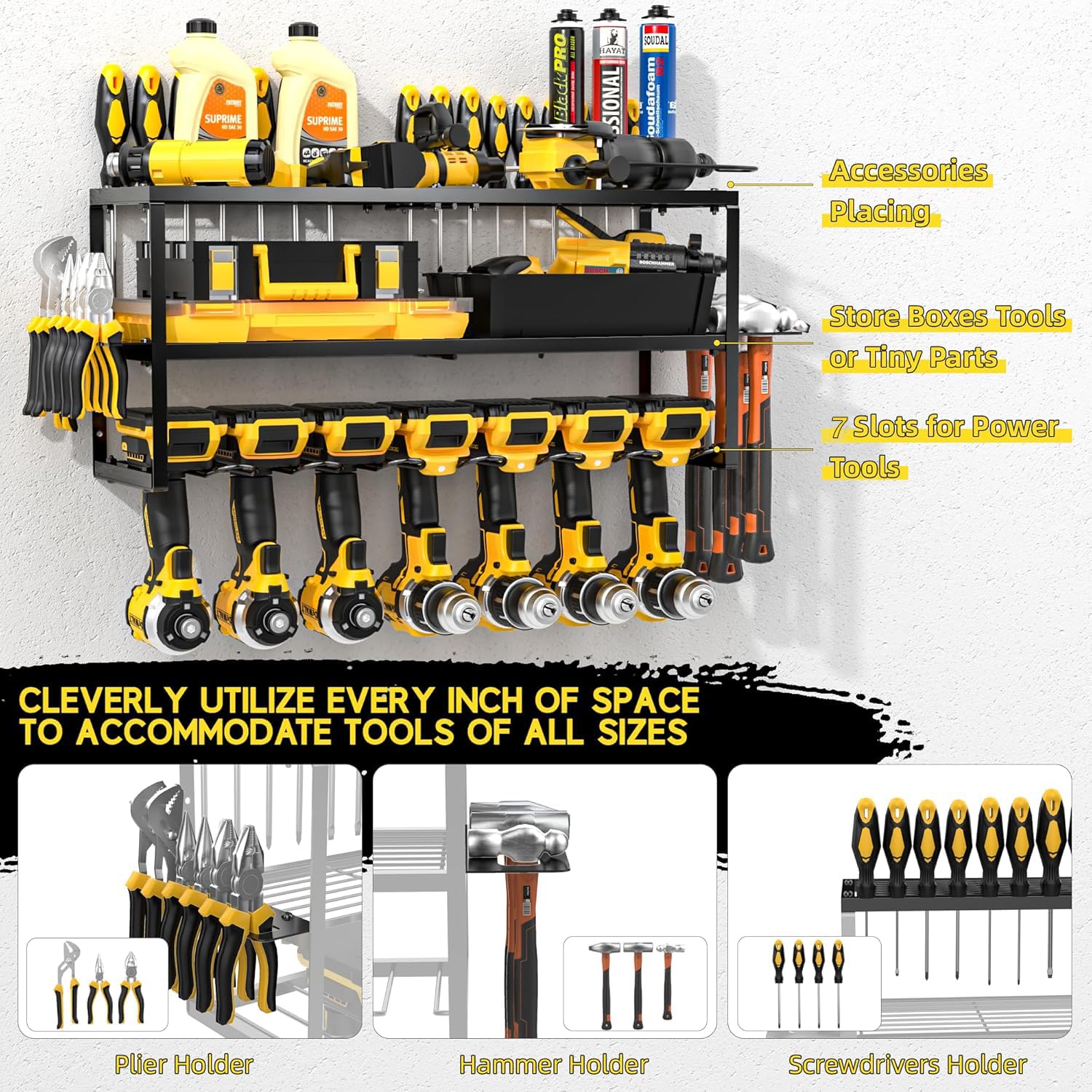 Porta attrezzi da parete, Organizer per utensili elettrici con 7 Supporto Trapano e supporto per cacciavite laterale, per l'organizzazione del garage