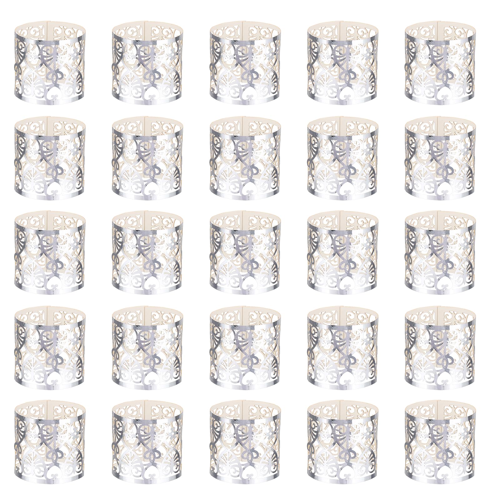 sourcing map 25Pcs Candle Wraps, Laser Cut Votive Candles Holder Wraps for LED Tealight Candles, Tea Light Wrap Lampshade for Elegant Festival Birthday Wedding, Heart Design Reflective Silver