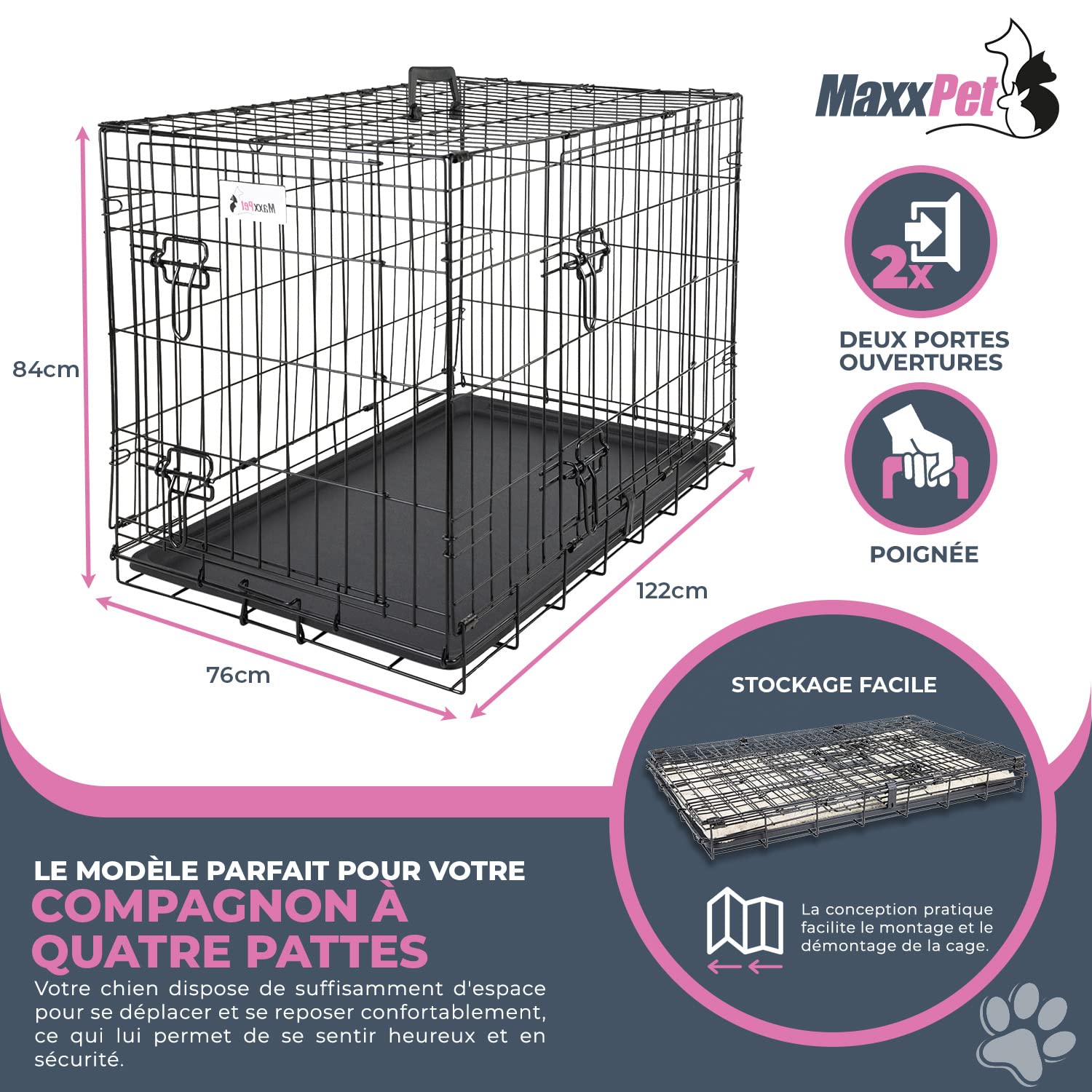 MaxxPet Metal Cages de Chiens, Caisse de Transport pour Chien, Cage Chien XXL avec 2 Portes, Cage Chien Interieur, Dog Crate Voiture, Cage Pliable Chien, 122x76x84cm, Noir
