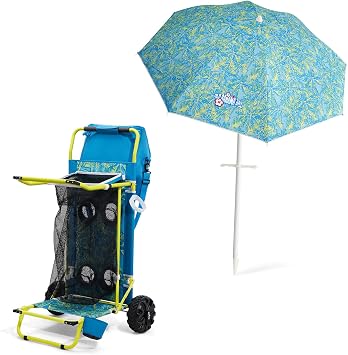 2-in-1 Beach Cart and 8ft Beach Umbrella Set, Folding Cart and Table with Chair Holder, Cooler Bag, Mesh Storage, 4 Cup Holders, Umbrella Rack, UPF 50+ Portable Umbrella with Sand Anchor and Tilt
