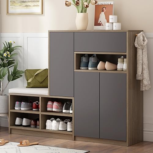 HZANHY Armario de zapatos, armario de entrada, zapatero de madera, banco de almacenamiento de zapatos 2 en 1, estantes ajustables, organizador de