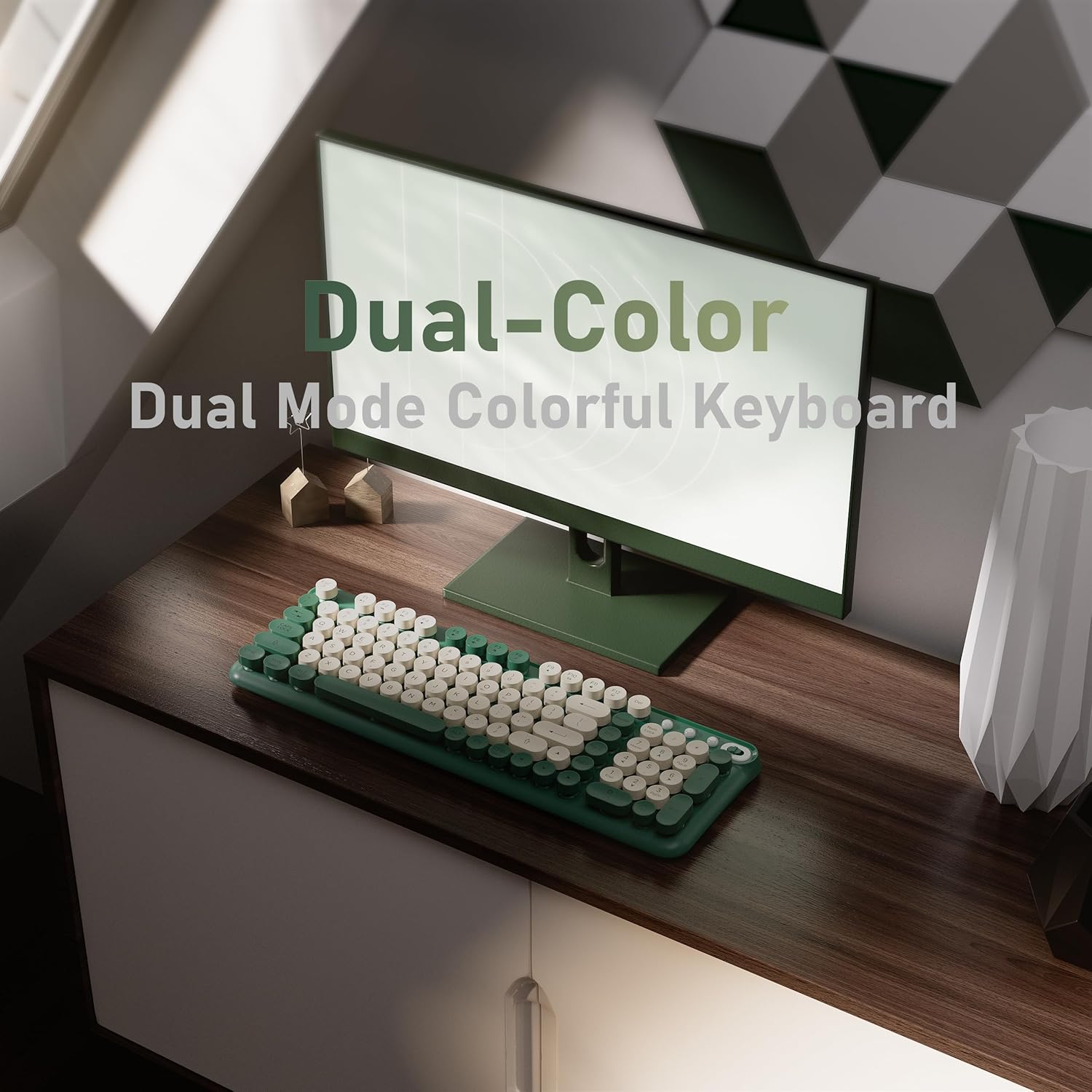 MPTOG Bluetooth Wireless Computer Keyboard, Colorful 99 Round Keys Retro Membrane Keyboard with Click Typing Feel, Power Switch, Ideal Gift for Office, Home (Milk Dark-Green)