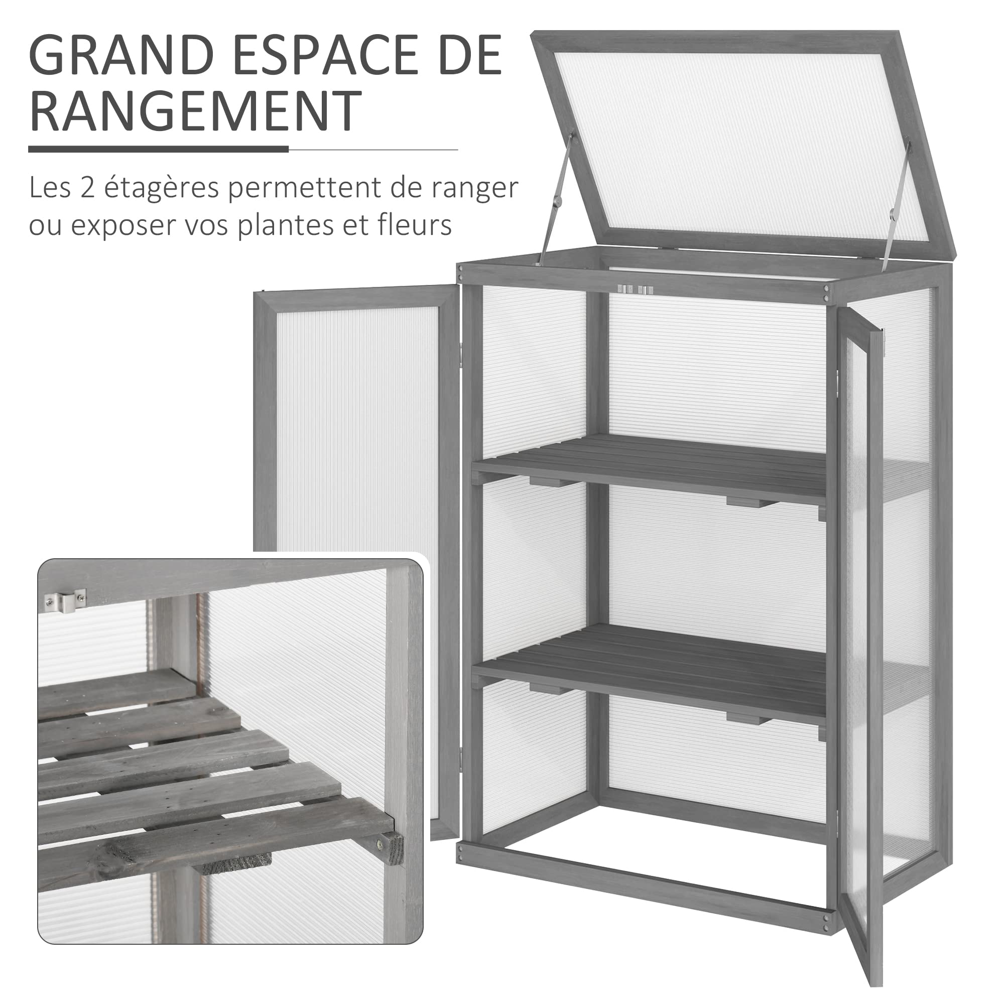 Outsunny Mini serra da giardino 3 livelli dim. 76 x 47 x 110 h cm doppia porta tetto apribile legno abete laccato policarbonato
