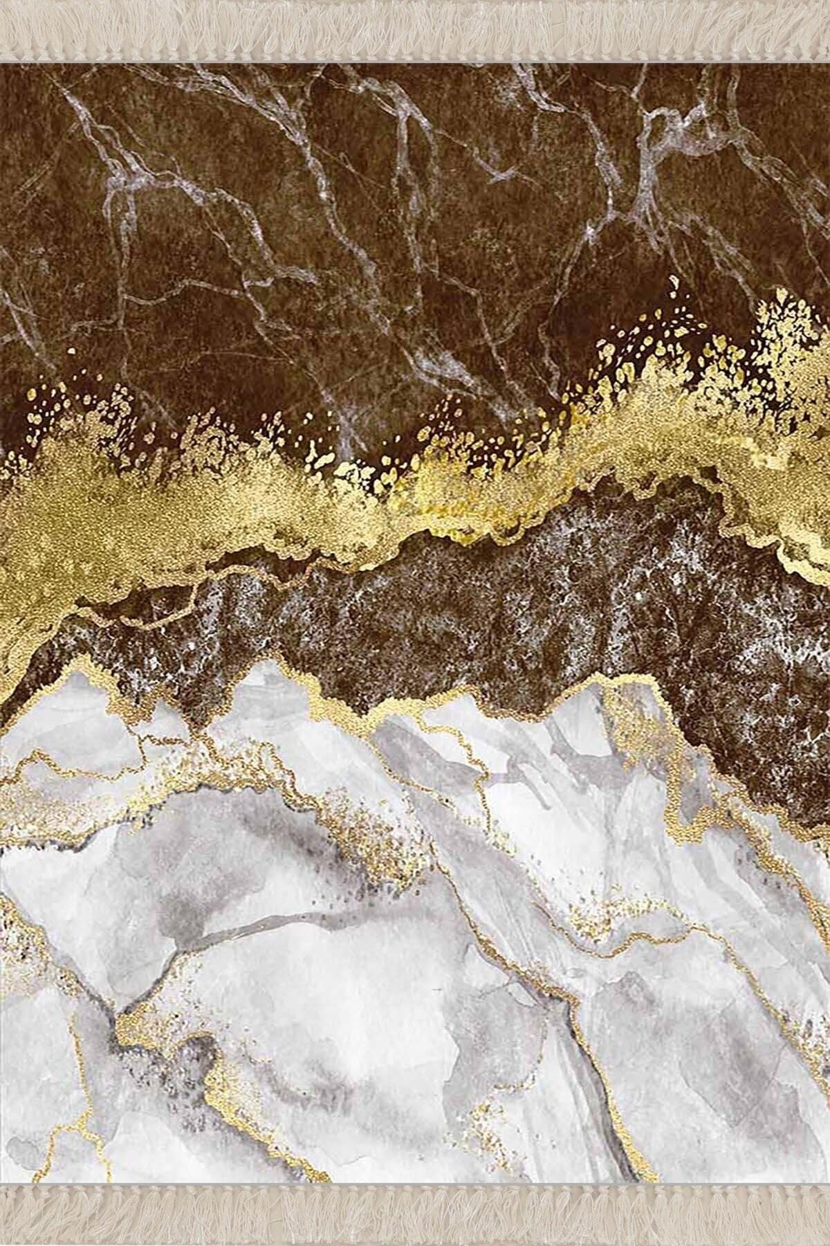 On The Clouds Mermer Desenli Gold Şeritli Dijital Baskı Yıkanabilir Kaymaz Taban Modern Salon Halısı BFOMRM2, 80 x 200