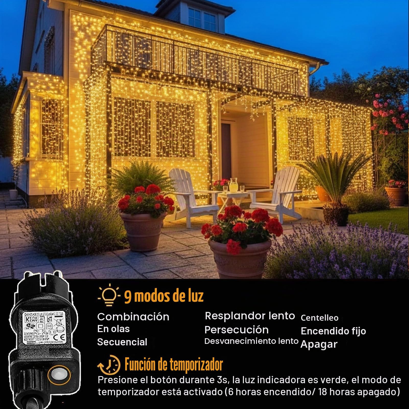 yowin Cortina de Luces 600 LED 6mx3m Luces Navidad con Enchufe, Temporizador, 8 Modos Impermeable Cascada Luces para Exterior Balcon Jardín Terraza Escaparates Interior Decoración - Blanco Cálido