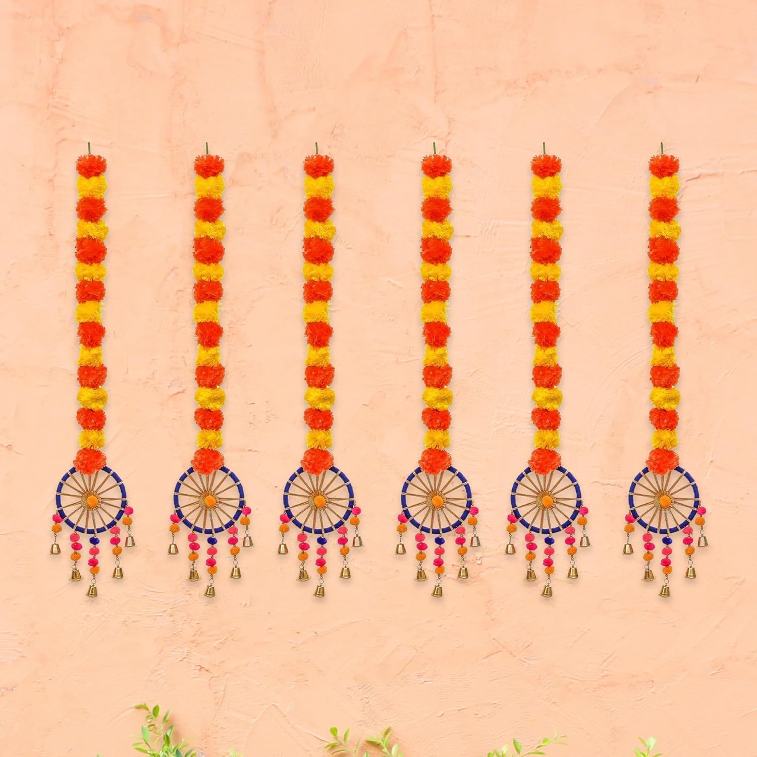 eCraftIndia Artificial Marigold Flowers Hangings with Bangles Ringing Bells (Pack of 6) | Artificial Flowers for Home Decoration | Wedding, Ganpati, Navratri, Diwali Decoration Items