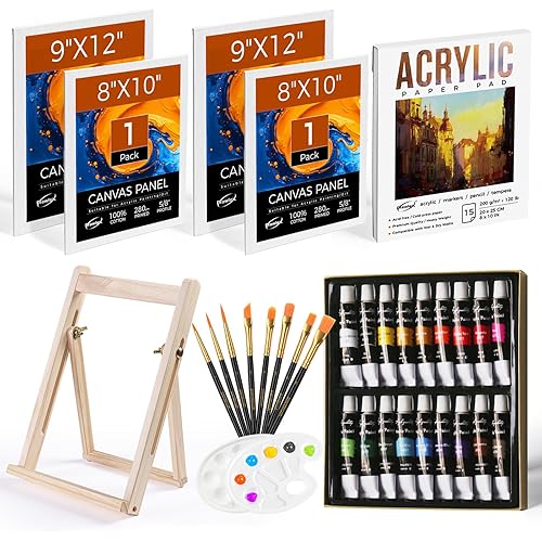 Paint Set, Canvas Set, 34 PCS Painting Kit with 18 Acrylic Paints, 4 Canvas Panels, Drawing Pad, Wood Easel, Ideal for Art Lovers and Creative Painting