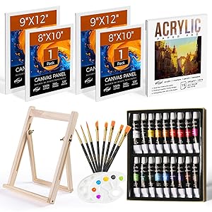 Paint Set, Painting Set for Adults Kids, 34 PCS Painting Kit with 18 Acrylic Paints, 4 Canvas Panels, Drawing Pad, Wood Easel, Ideal Gift for Beginners, Family, Couple