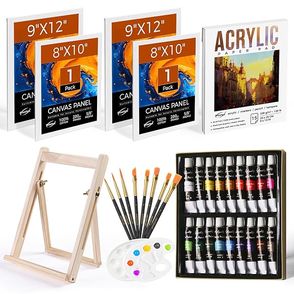 Paint Set, Painting Set for Adults Kids, 34 PCS Painting Kit with 18 Acrylic Paints, 4 Canvas Panels, Drawing Pad, Wood Easel, Ideal Gift for Beginners, Family, Couple