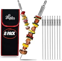 FLAFSTER KITCHEN 16" Stainless Steel Flat BBQ Skewers with Push Bar - Reusable Shish Kabob Set of 6 for Grilling Meat, Veggies & Seafood