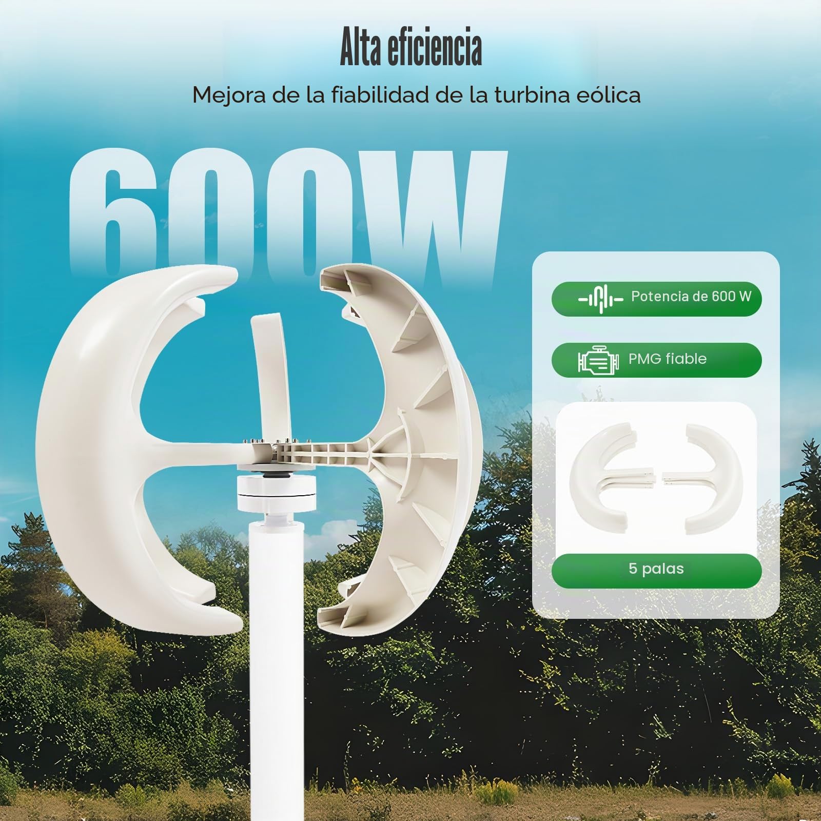 Generador de viento vertical, 600 W, 12 V CC, 5 hojas, aerogenerador de turbina de viento helix, regulador vertical de eje con 5 cuchillas para barcos, pabellones, cabinas y autocaravanas