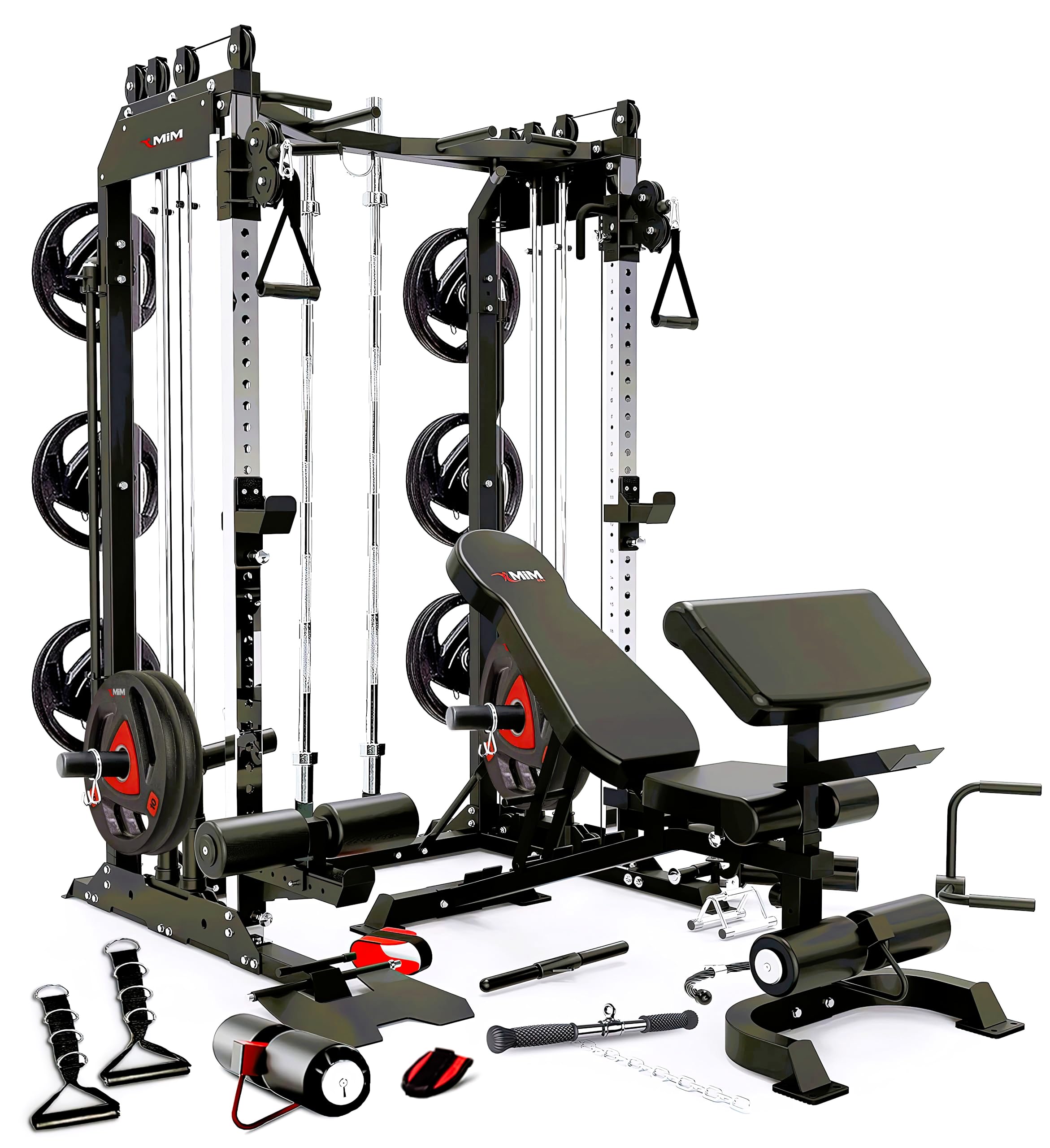 Heavy Duty Smith Machine & Functional Trainer w/ Adj Weight Bench, Arm Curl, and Full Attachment | MiM USA Pro Master
