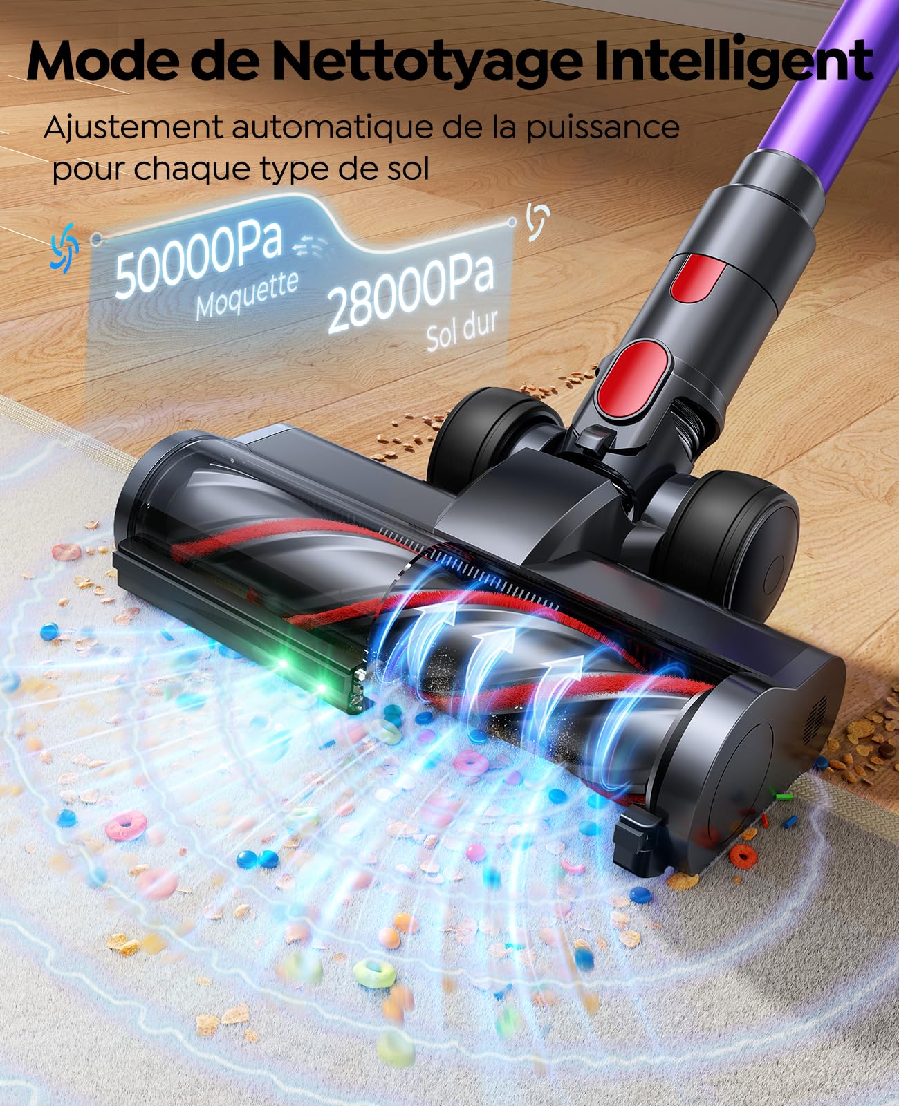 Fieety 50kPa/600W Aspirateur Balai sans Fil, 65Min Aspirateur sans Fil Puissant avec Brosse pour Animaux Tuyau Recharge Murale Mode Automatique Parfumé pour Poils d’Animaux Tapis Sols Durs et Voiture